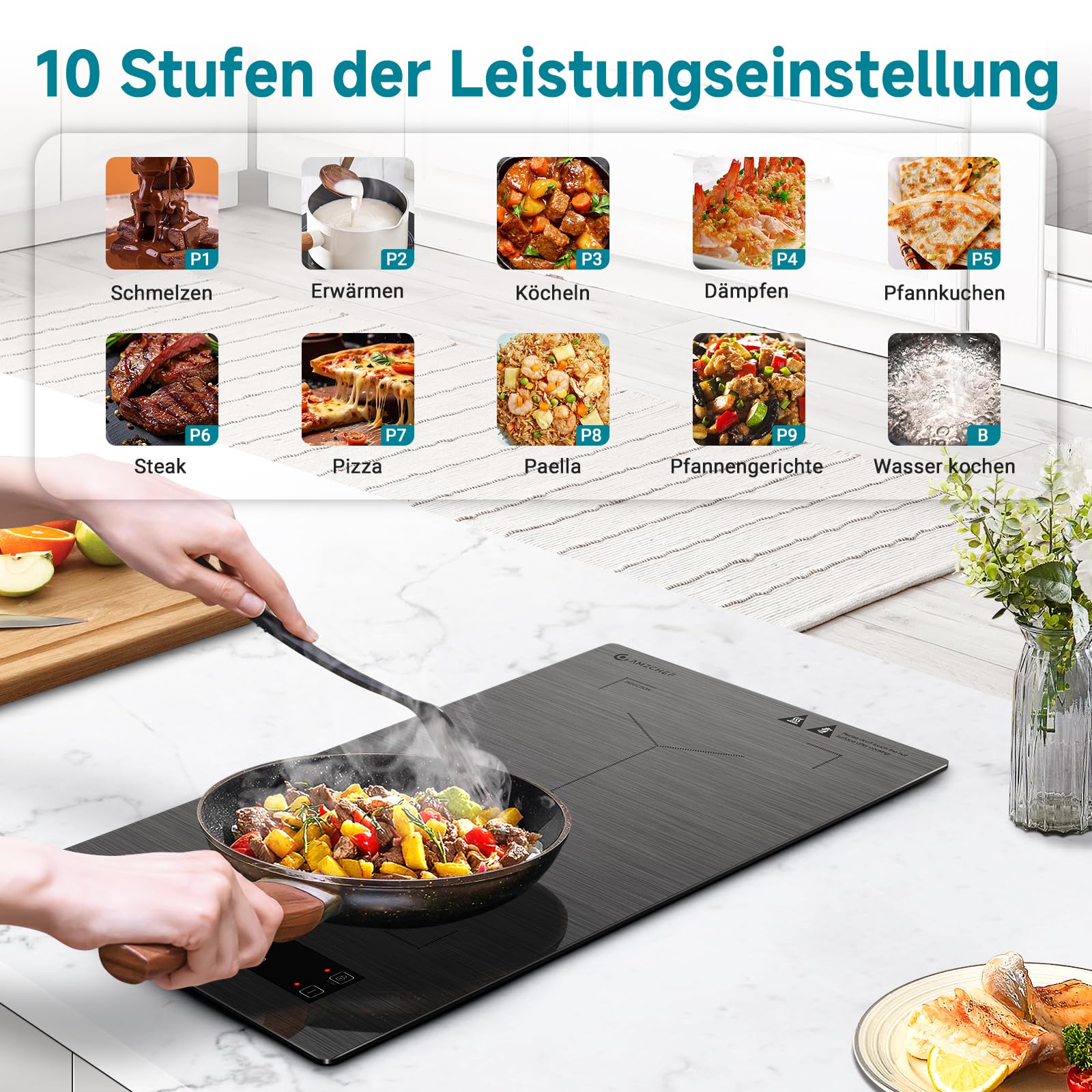 AMZCHEF Induktionskochfeld 2 Platten, Flexzonen, 3300W, Sicherheitsschloss, Timer, Berührungssteuerung (Grau)
