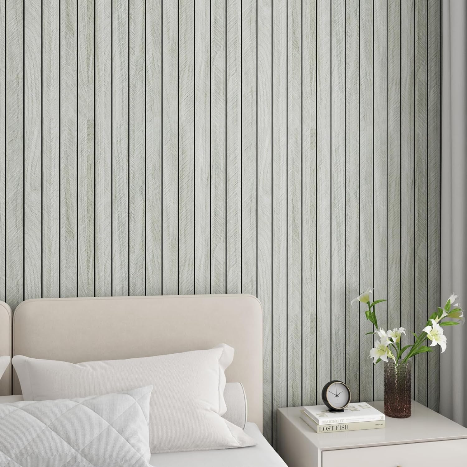 LaCheery 23.6"x157" 3D Faux Wood Wall Panels Peel and Stick Gray Fluted Wood Panel Wall Covering Panels Flexible Self Adhesive PVC Foam Wooden Panel Roll for Bathroom Kitchen Living Room Walls Decor