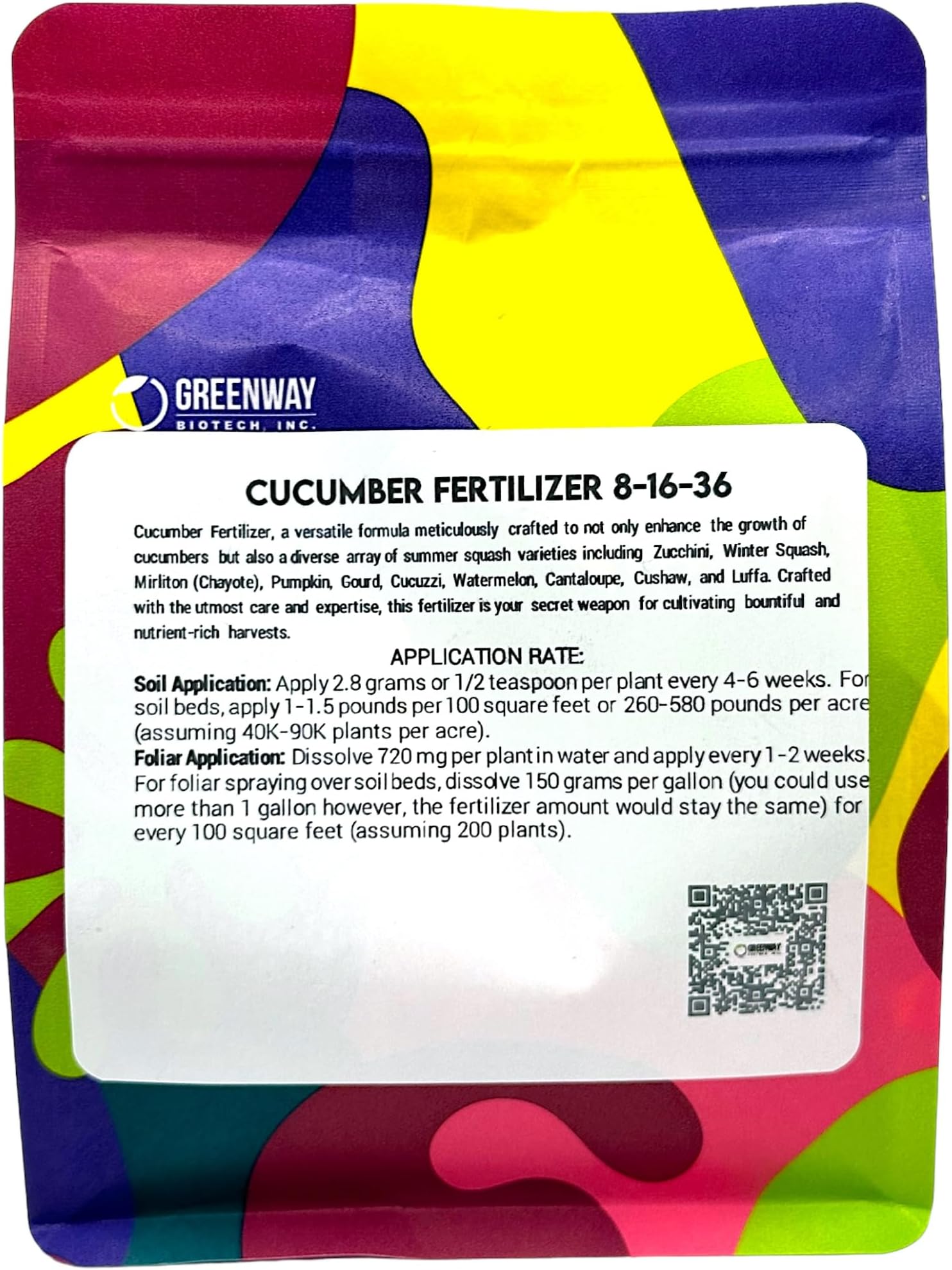 Greenway Biotech, Inc. Cucumber Fertilizer 8-16-36 - Water Soluble with Chelated Micronutrients - Prevents Bitter Cucumbers - for Melons Squash Zucchini - Hydroponics Soil Foliar - 1 LB