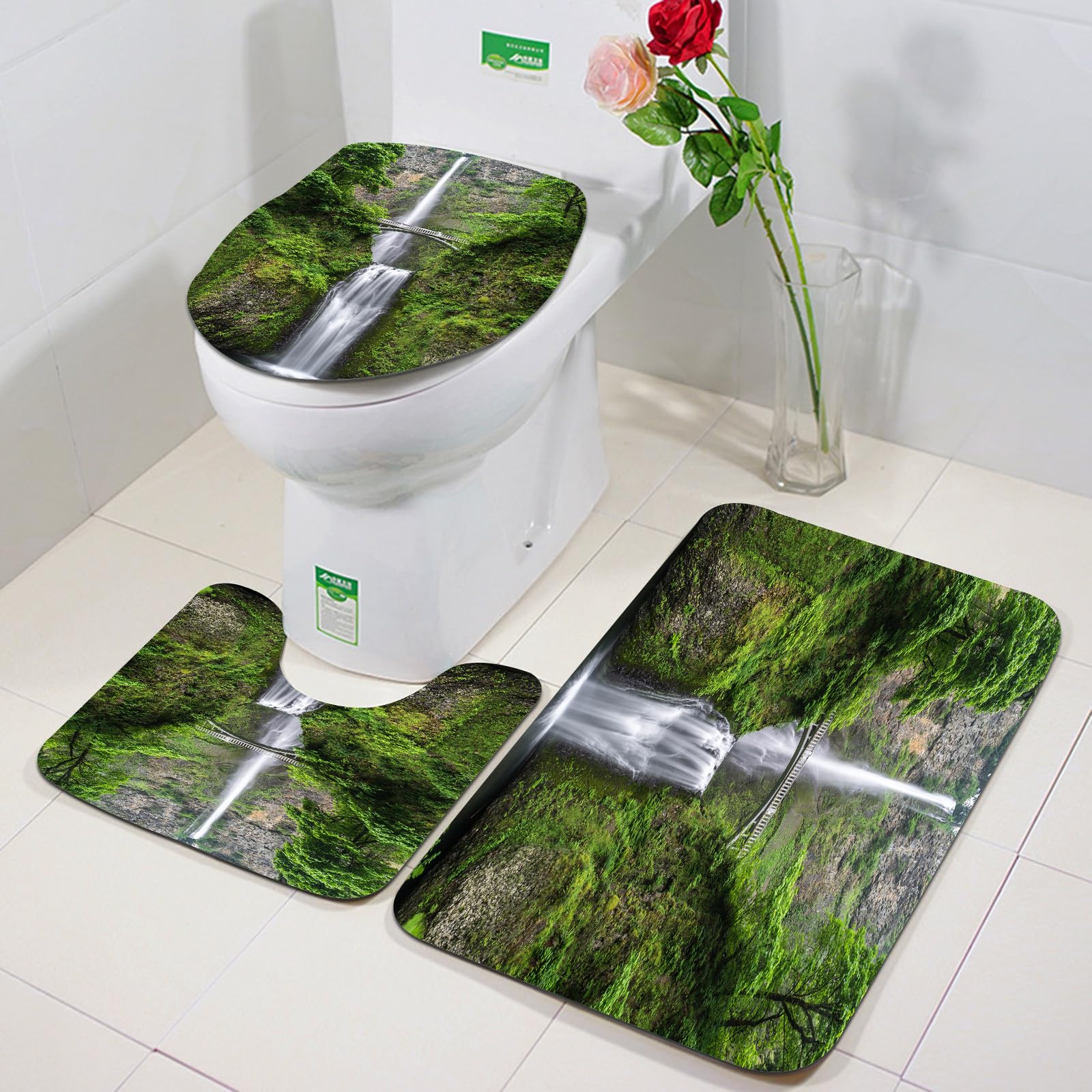 FEHWI 3 Piece Non-Slip Bath Mat Set,Luxury Thick Microfiber Shaggy Bathroom Rugs,Machine Washable Quick Dry Rugs,Absorbent,Hobbits Set,Falls of Rivendell Multnomah Waterfall Oregon with Hobbit Elf P