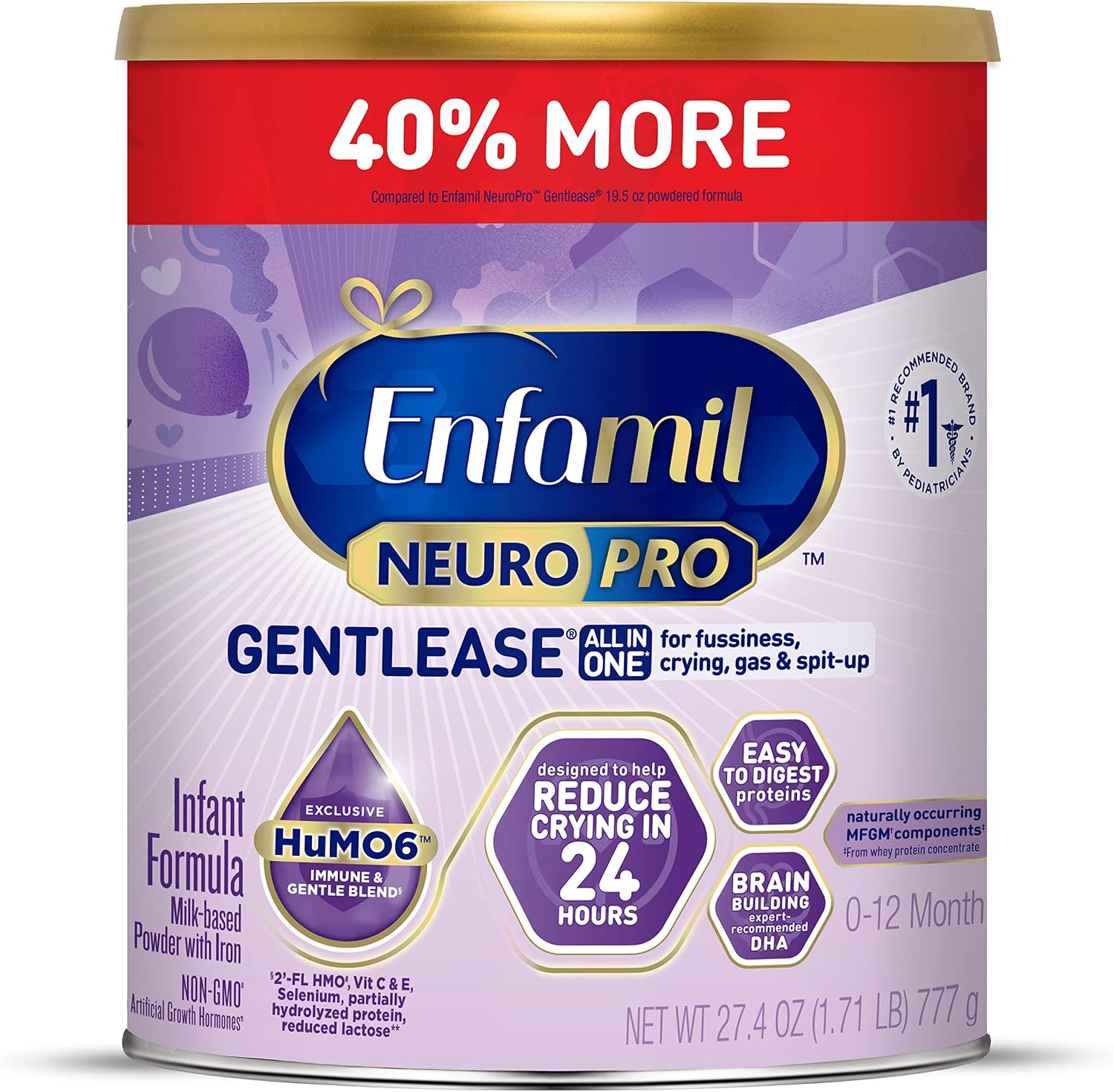 Enfamil NeuroPro Gentlease Baby Formula, Infant Formula Nutrition, Brain and Immune Support with DHA, Proven to Reduce Fussiness, Crying, Gas and Spit-up in 24 Hours, Powder Can, 27.4 Oz