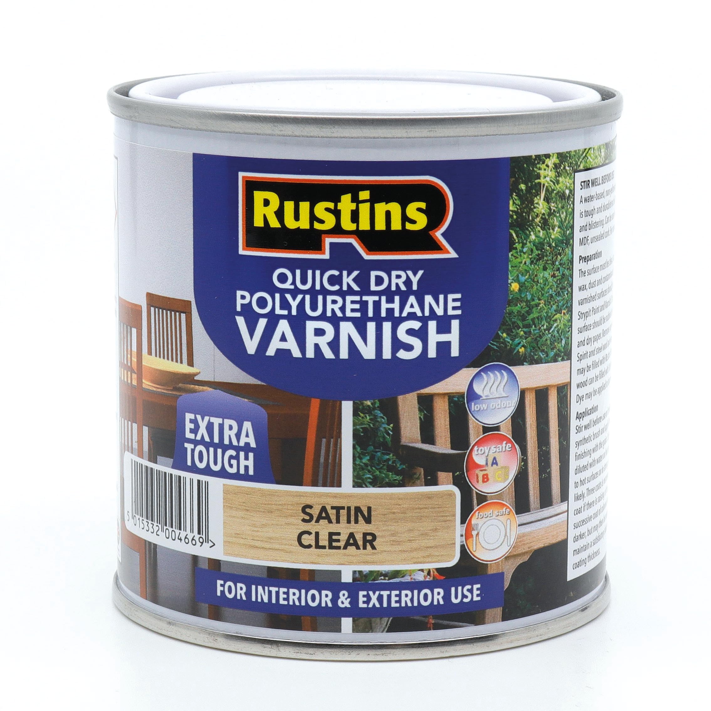 RustinsQuick Dry Poly Varnish Satin Clear 250ml -Tough, Water-Based Clear Finish in Gloss, Matt or Satin; Durable Protection for Interior Wood, Furniture and Floors