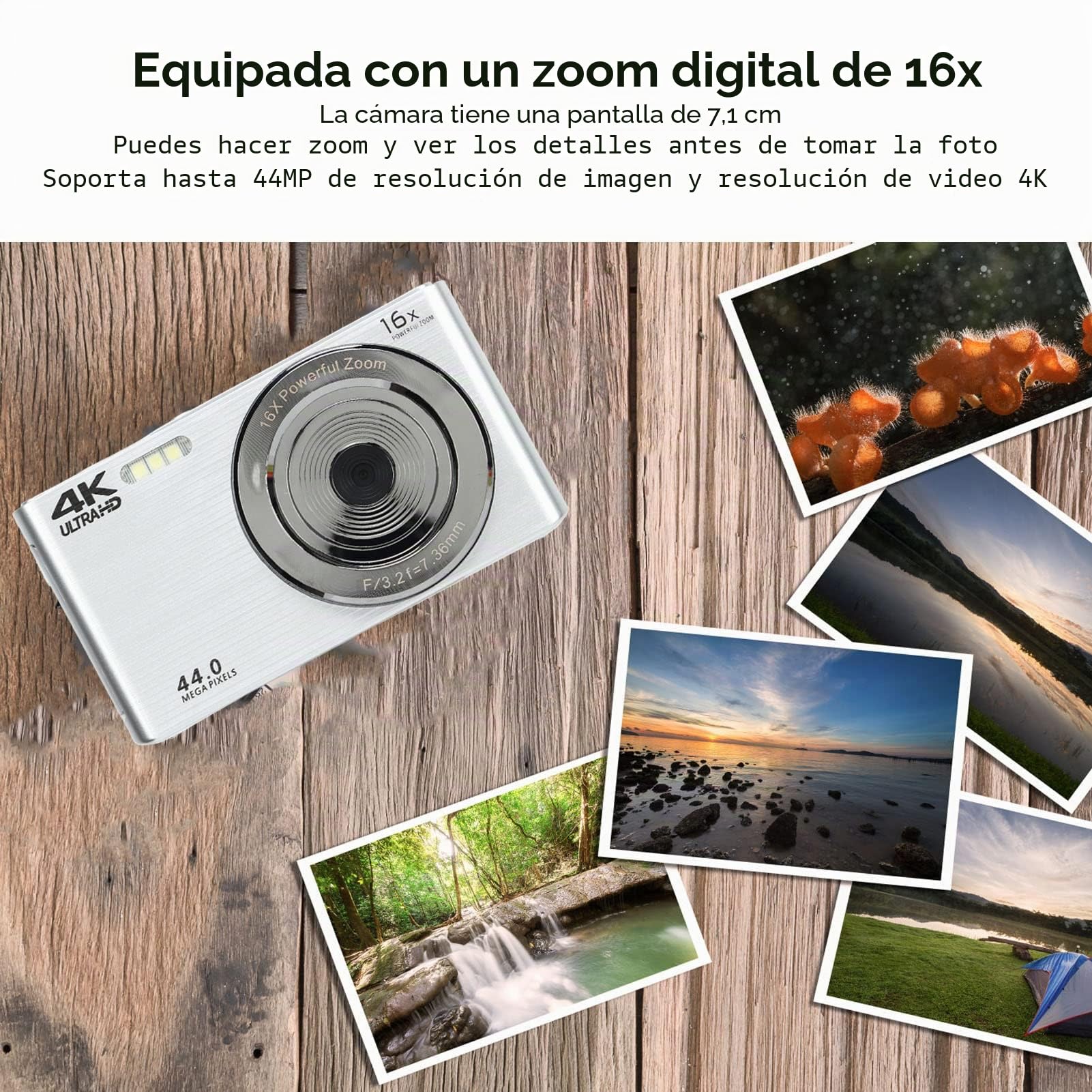 PUSOKEI - Mini cámara digital 4K 44MP HD, zoom digital 16x, resistente a los golpes, cámara compacta de bolsillo para fotografía (plata)