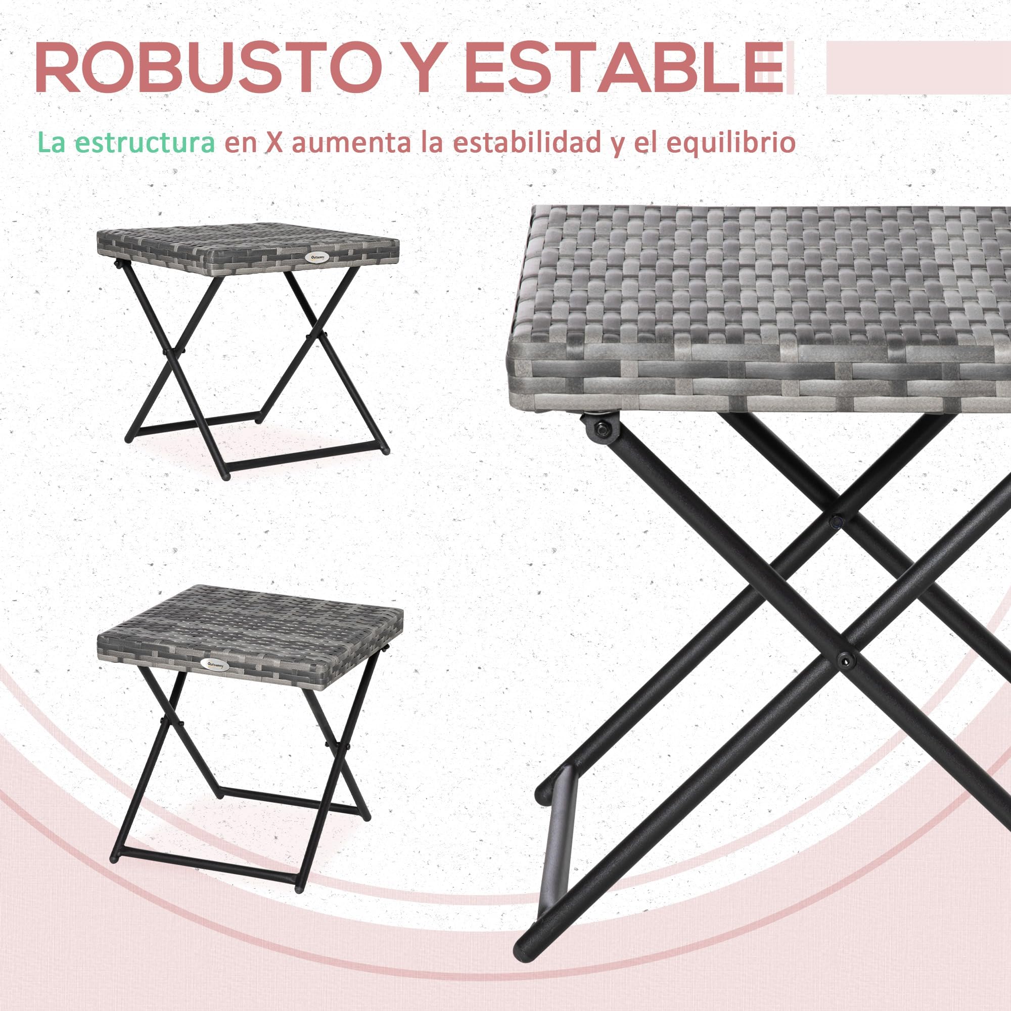 Outsunny Mesa de Jardín Exterior de Ratán Sintético 0,16 ㎡ Plegable Gris | Mesa Auxiliar Exterior, Patas Cruzadas, Marco de Acero, para Patio Balcón