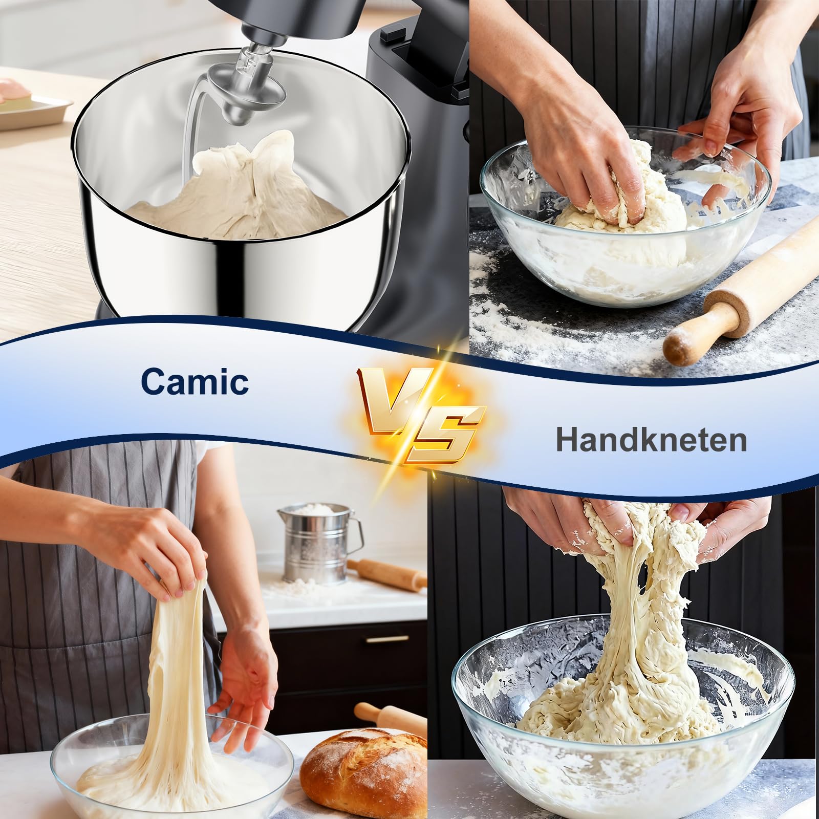 Camic Küchenmaschine mit LED-Display, Zeit Einstellen, Knetmaschine mit Rührhaken, Knethaken, Schlagbesen, 10 Stufen, 2 Edelstahlschüsseln 4L+5L, für Teig, Brot, Pizza, Kuchen