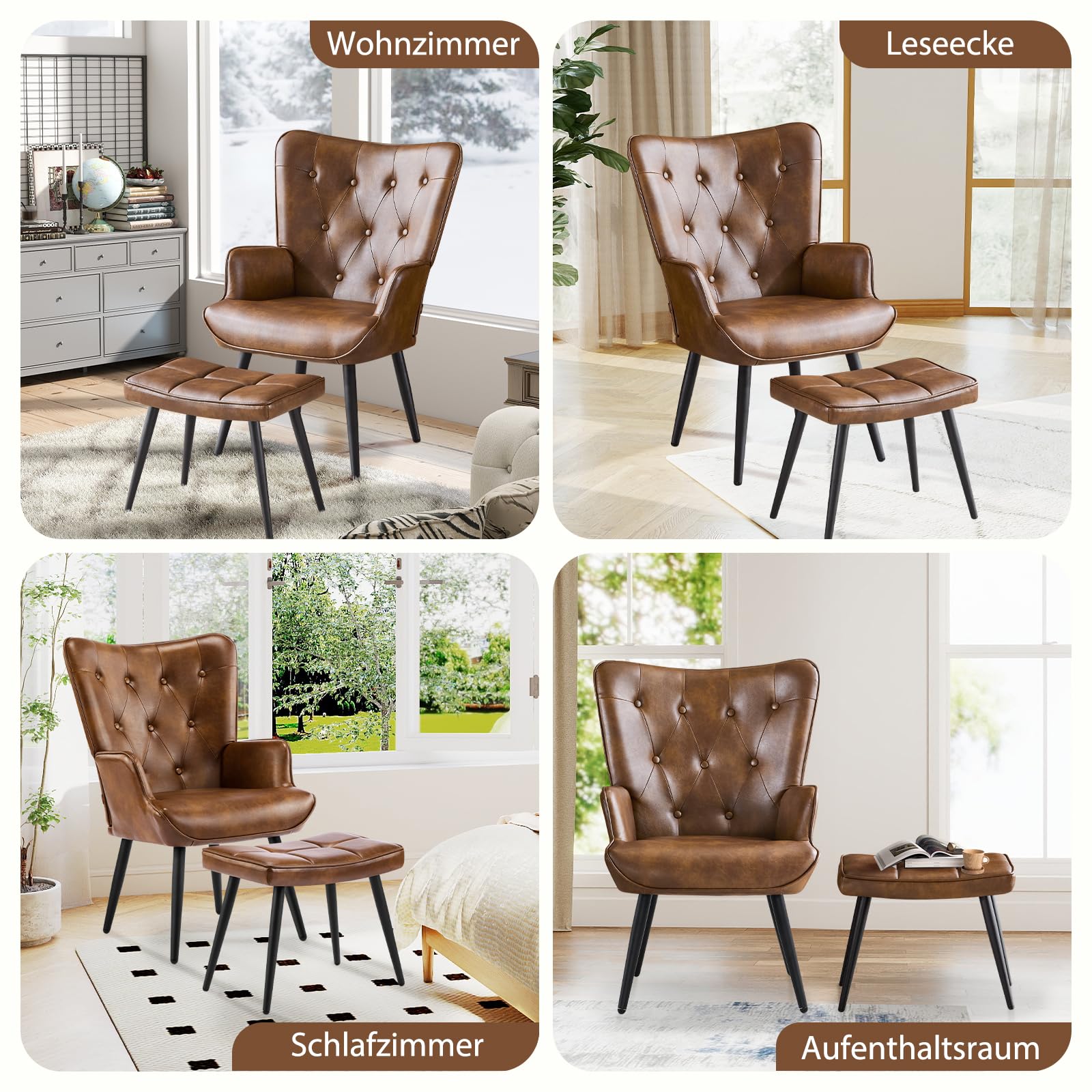 Sessel mit Hocker, Ohrensessel mit Hocker aus PU-Kunstleder, Sessel Wohnzimmer Relaxsessel mit Fußstütze Loungesessel Polstersessel fürs Wohnzimmer Schlafzimmer Arbeitszimmer, Braun