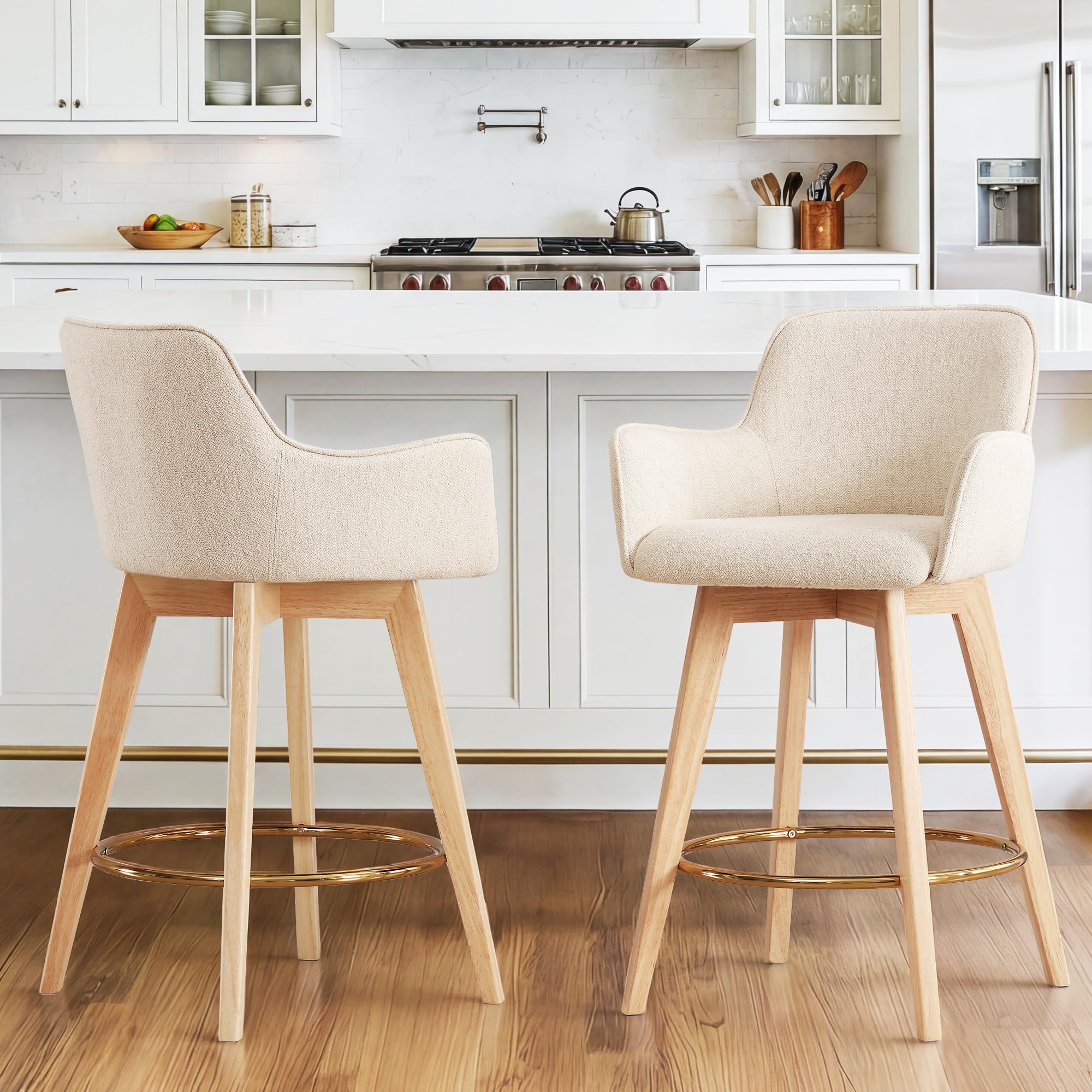 JIRAIN Counter Height Swivel Bar Stools, Linen Upholstered Bar Stools with Back, Arms, Solid Wooden Legs, 26 Inch Chairs for Kitchen Island, Home Pub,