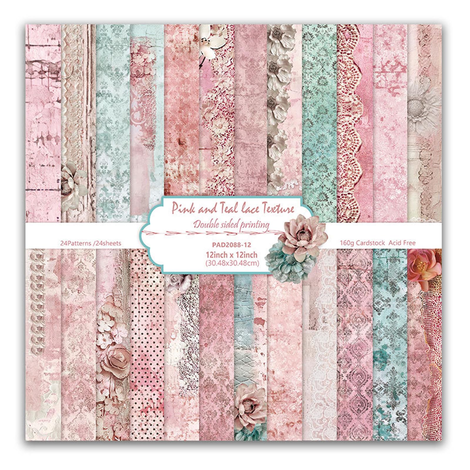 MerwDeeyt 24 Sheets Vintage Scrapbook Paper 12x12 Inch Double-Sided Decoupage Papers Floral Pattern Decorative Paper Scrapbooking Papers for DIY Card Making Wrap Decoration-Pink
