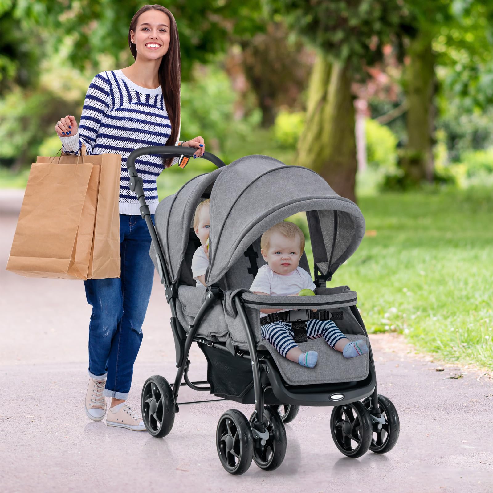 COSTWAY Carrito Gemelar Plegable, Silla de Paseo Doble Carga hasta 30kg, Sillita Doble para Gemelos con Cinturón de Seguridad de 5 Puntos, Respaldo Ajustable y Ruedas Bloqueables (Gris)