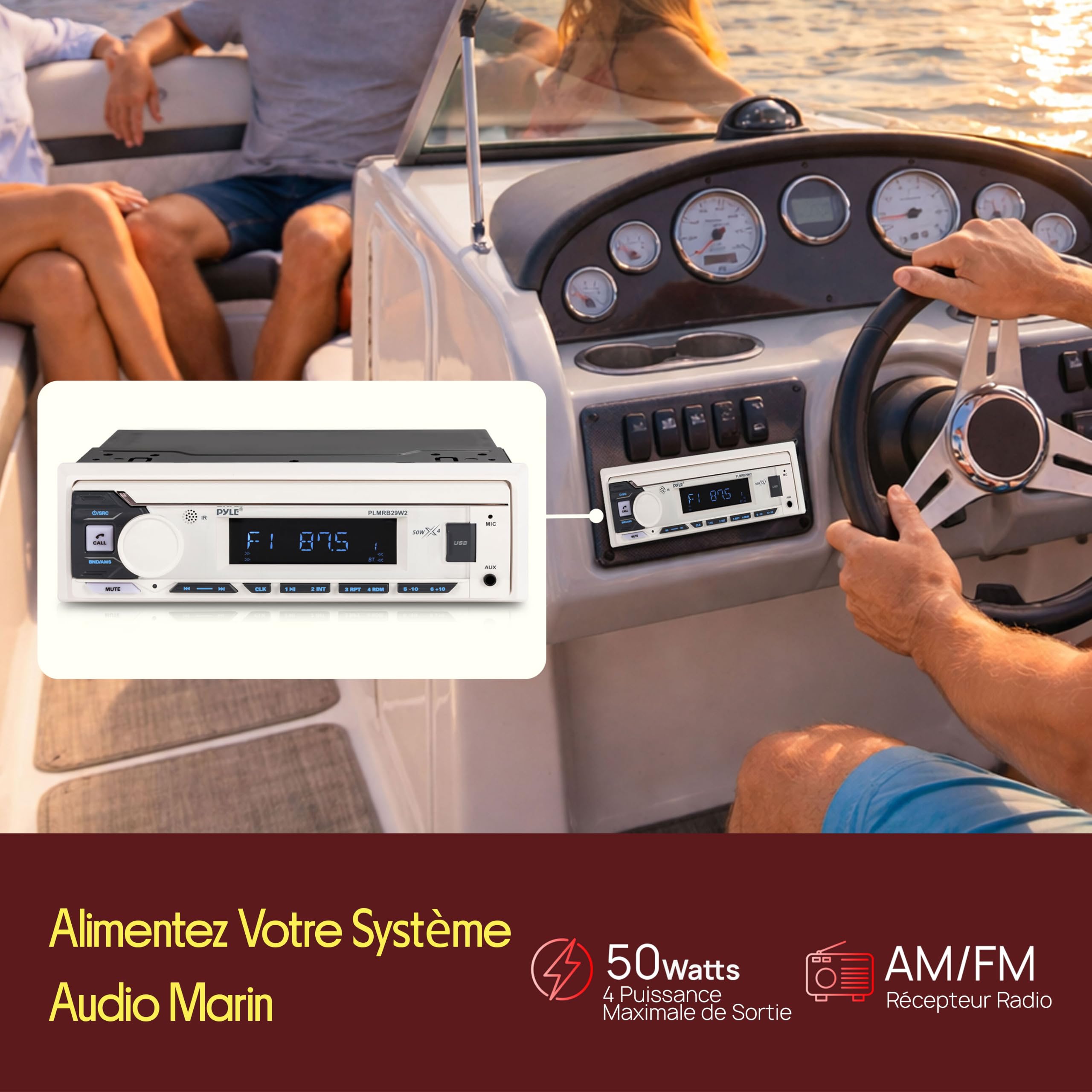 Pyle Autoradio Bluetooth Marin Single DIN, Récepteur Bateau Voiture - Blanc