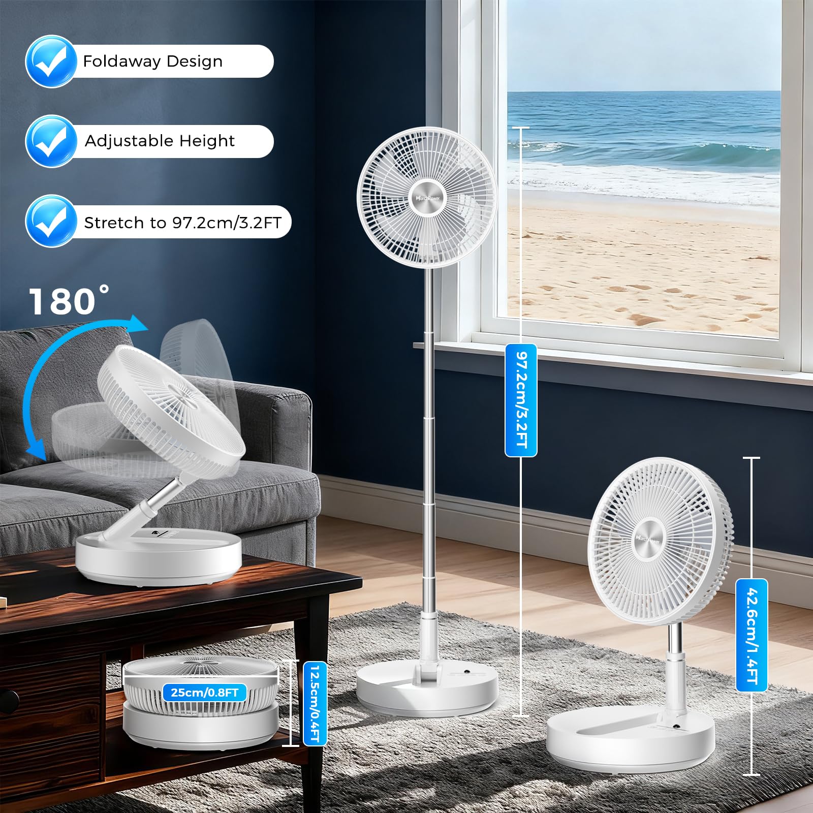 Marchpower leiser Standventilator mit Fernbedienung Timer klappbar Oszillation 4 Geschwindigkeitsstufen Akku höhenverstellbar 97cm