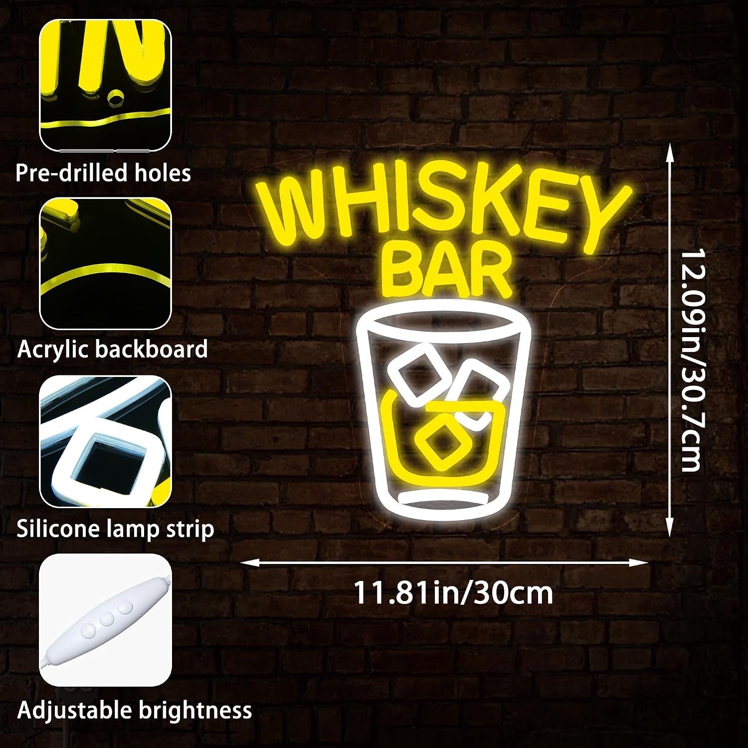 Whiskey Bar Neon Sign Dimmable LED Neon Light for Bar Wall Decor Glass & Ice Themed Neon Light for Man Cave Home Bar Decor Birthday Gift for Whiskey Enthusiasts Size 12.1 * 11.8in(GLNP192)