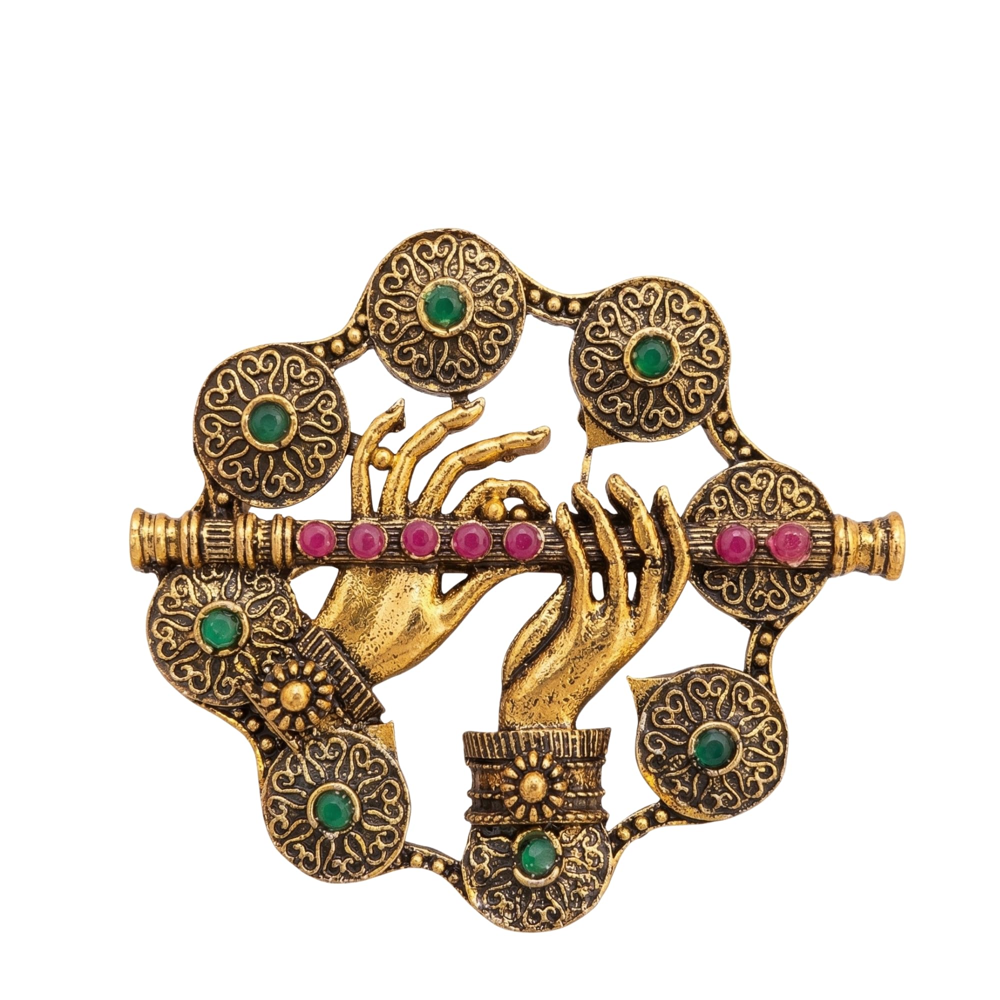 Divine Krishna Flute Brooch - Antique Gold Krishna Hands & Flute Lapel Pin with Ruby & Emerald Stones-picture-28