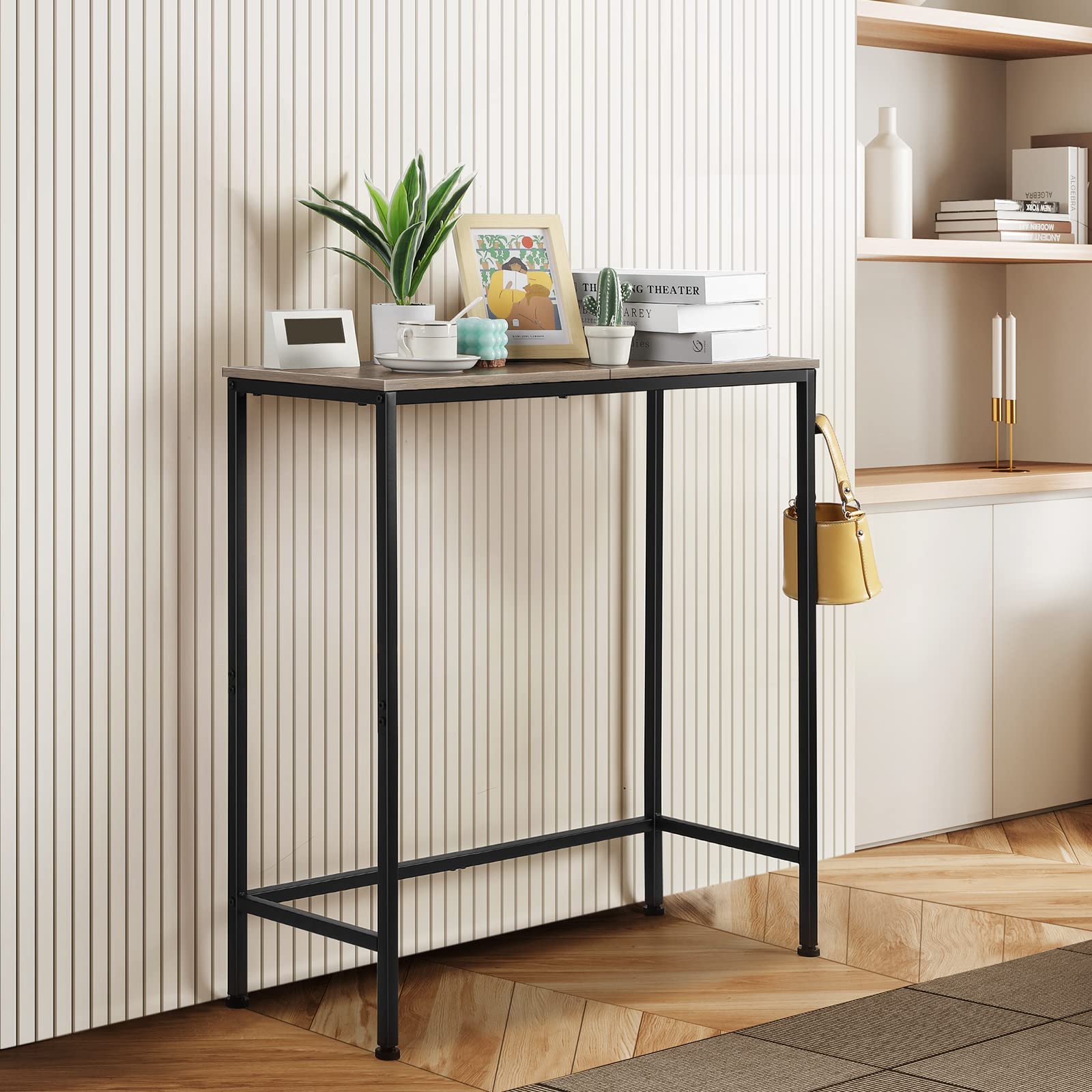 Mesa consola para entrada, mesa de sofá larga estrecha de 31.5 pulgadas, mesa de entrada pequeña con ganchos, mesa de pasillo delgada de metal, mesa de sofá detrás del sofá para sala de 4