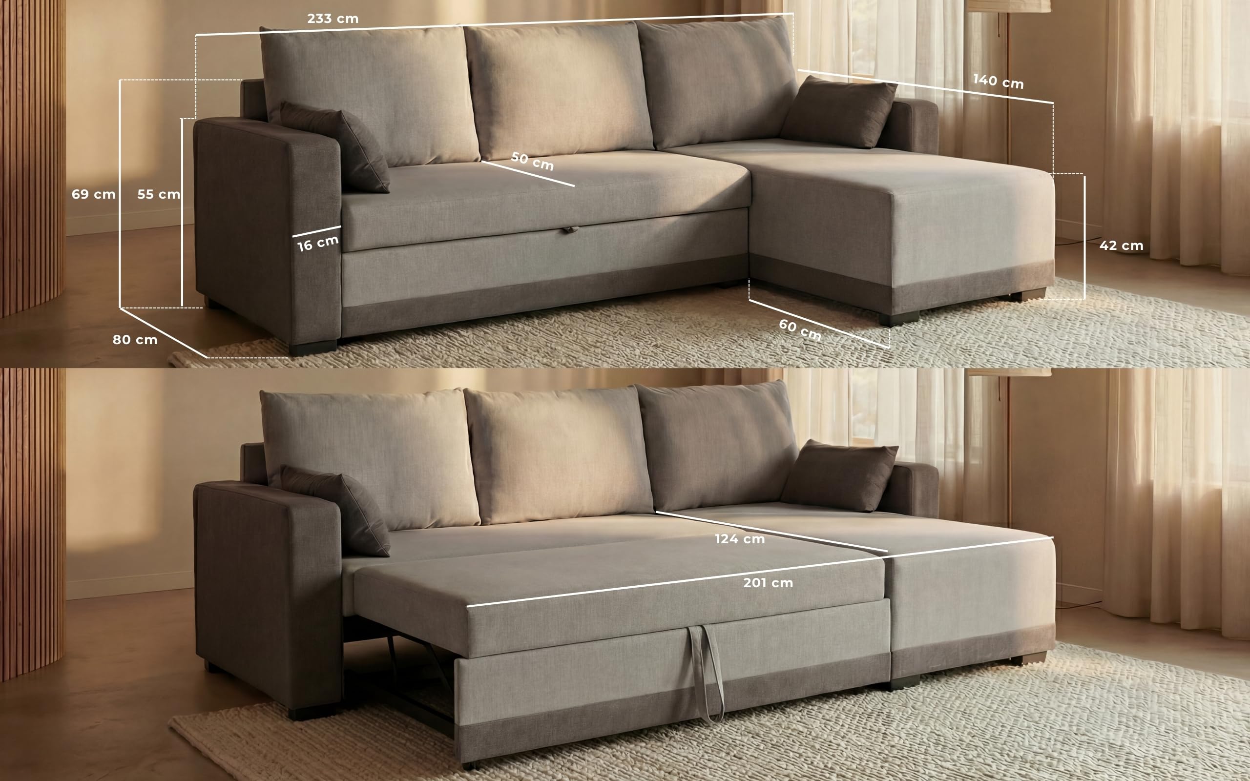 BUDWING Leah, Ecksofa mit Schlaffunktion Zweifarbig Grau – 4-Sitzer – Reversible Chaiselongue, 2 Dekokissen – Polyesterstoff – Modernes Design – 233 cm (Breite) x 124 cm (Tiefe) x 69 cm (Höhe)