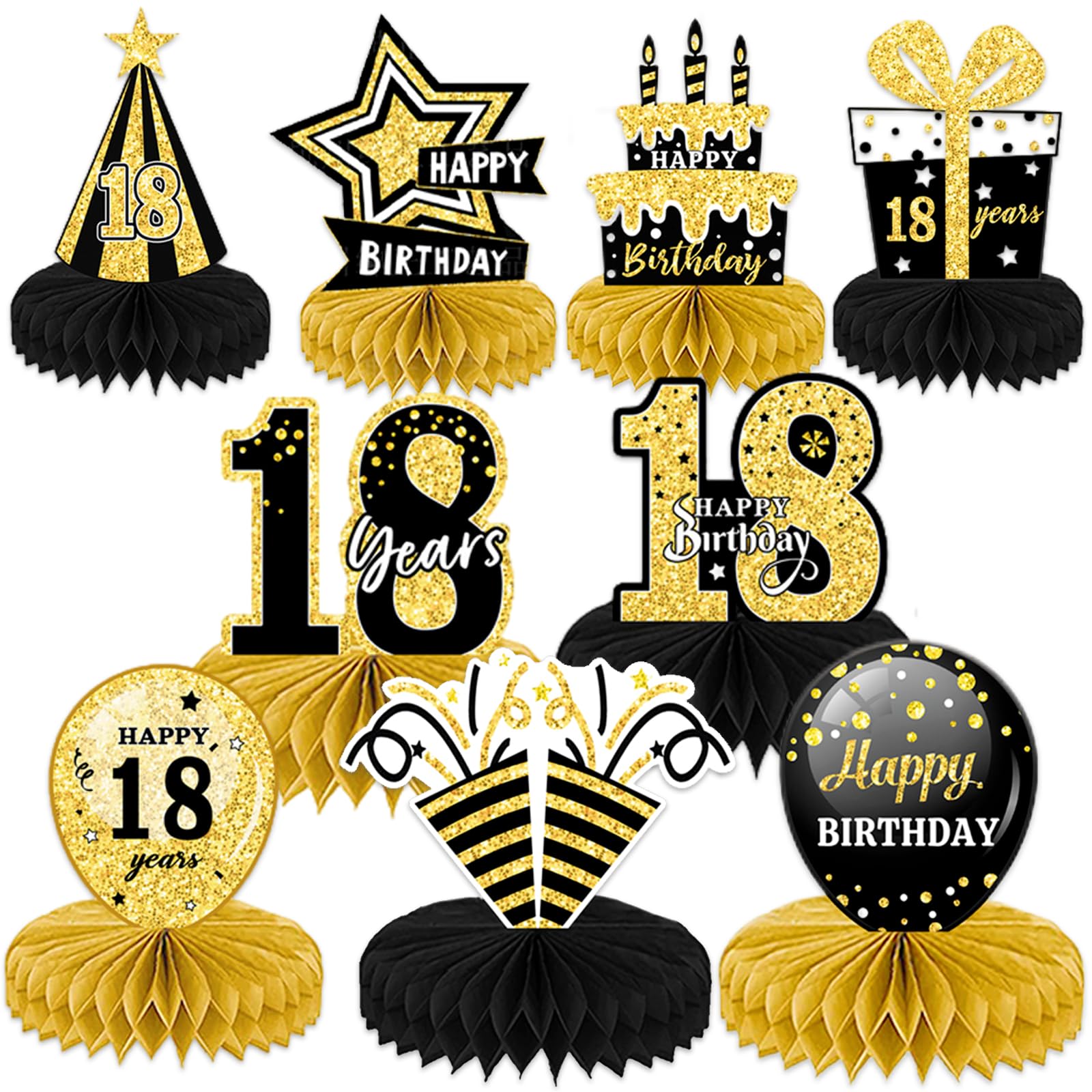 1 Set of 9 PCS Black Gold Birthday Party Decoration Honeycomb Ornament Table Decorations Sending Gifts to Elders, Mentors, Parents, Grandparents, Grandmothers, and Grandfathers (18th)