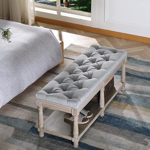 Miniatura 8 de Banco de entrada tapizado, banco otomano de almacenamiento para dormitorio, banco otomano de tela copetuda con estante y patas de madera para