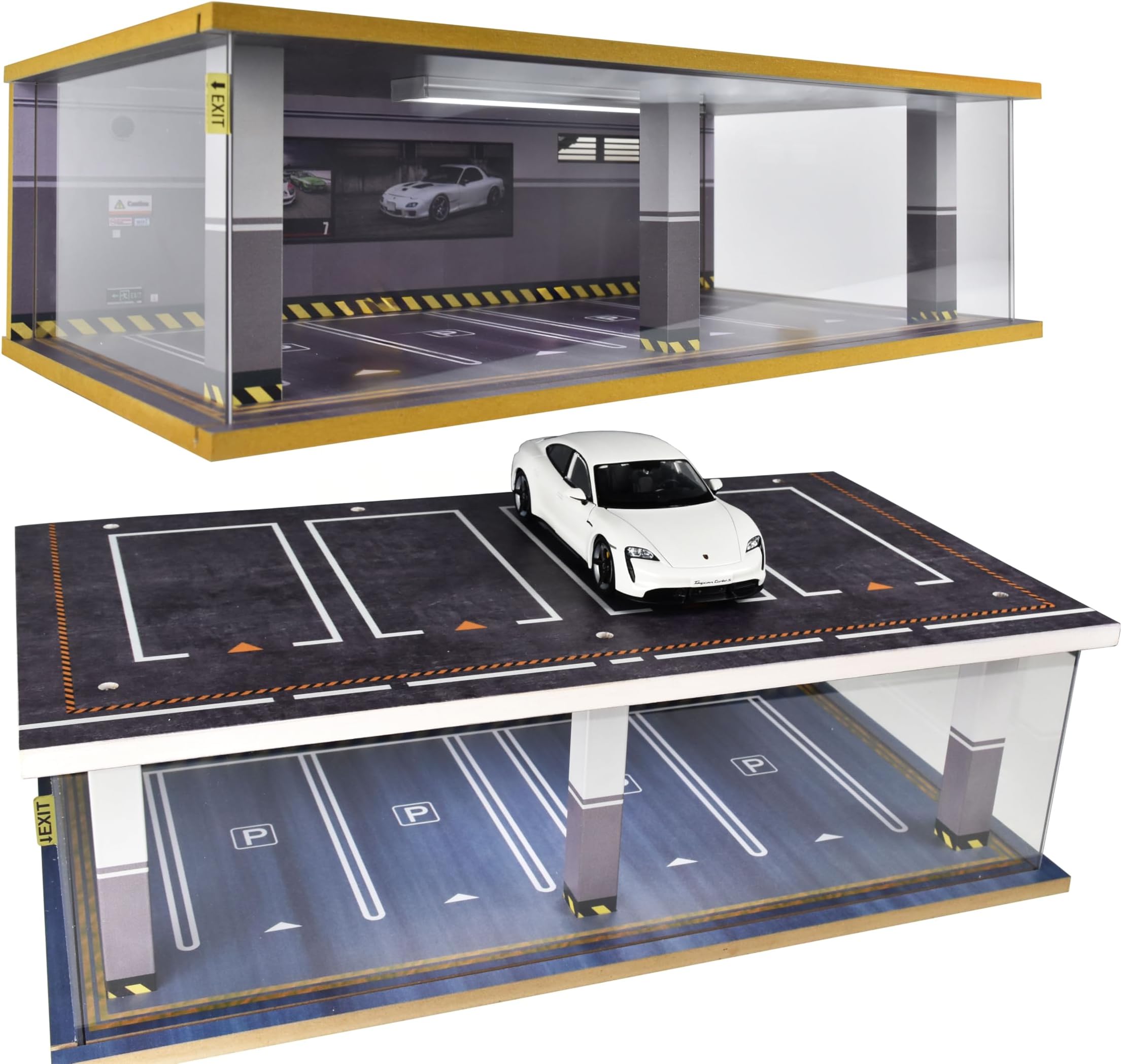1/24 Display Case Scale Model Car Display Case with Light 1 24 Die Cast Car Storage Case for Parking Lot Scenes Acrylic Toy Garage Alloy Car Models (Grey Parking Lot,1/24-Single Color LED)