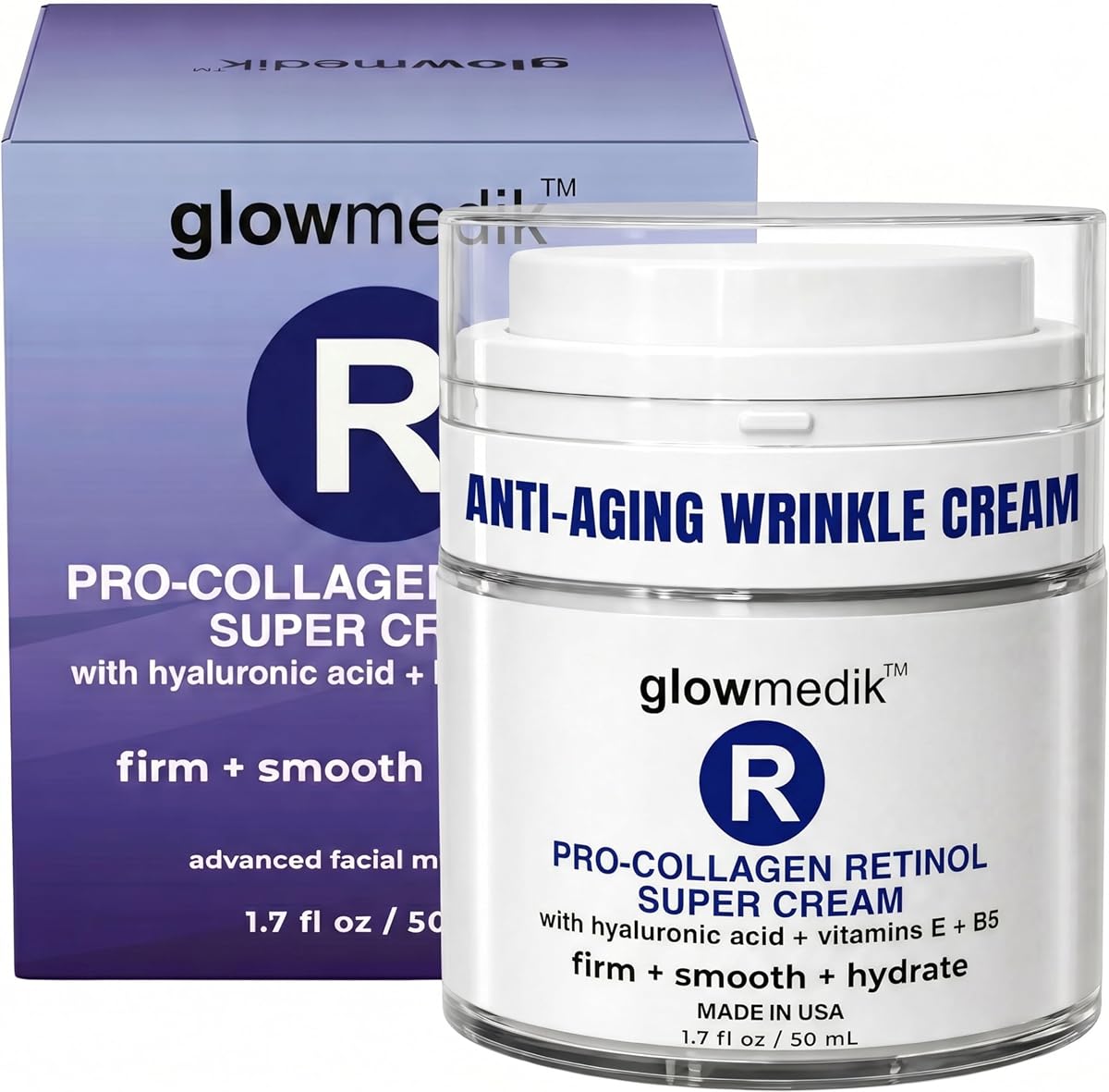 Glowmedik Pro-Collagen Retinol Cream for Face - Anti-Aging Face Moisturizer | Retinol Face Cream for Wrinkles & Fine Lines | Firms & Hydrates with Hyaluronic Acid |Anti Aging | Made in USA