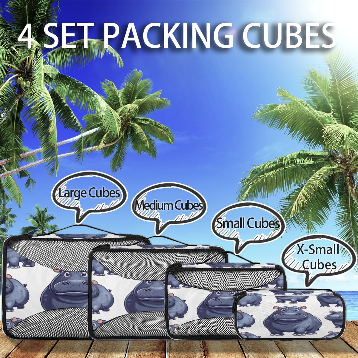 Animals Hippos 4 Set Packing Cubes Packing Cubes for Women Lightweight Travel Essential Bag Clothes Carry on Suitcase Bags for Accessories Essentials