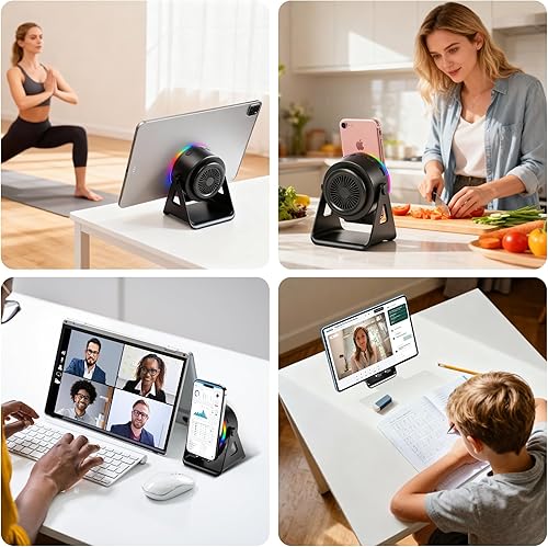 Miniatura 7 de Altavoz Bluetooth inalámbrico de inducción, 4 en 1 con soporte giratorio de 360 y luz ambiental RGB, sonido envolvente de alta definición (negro)