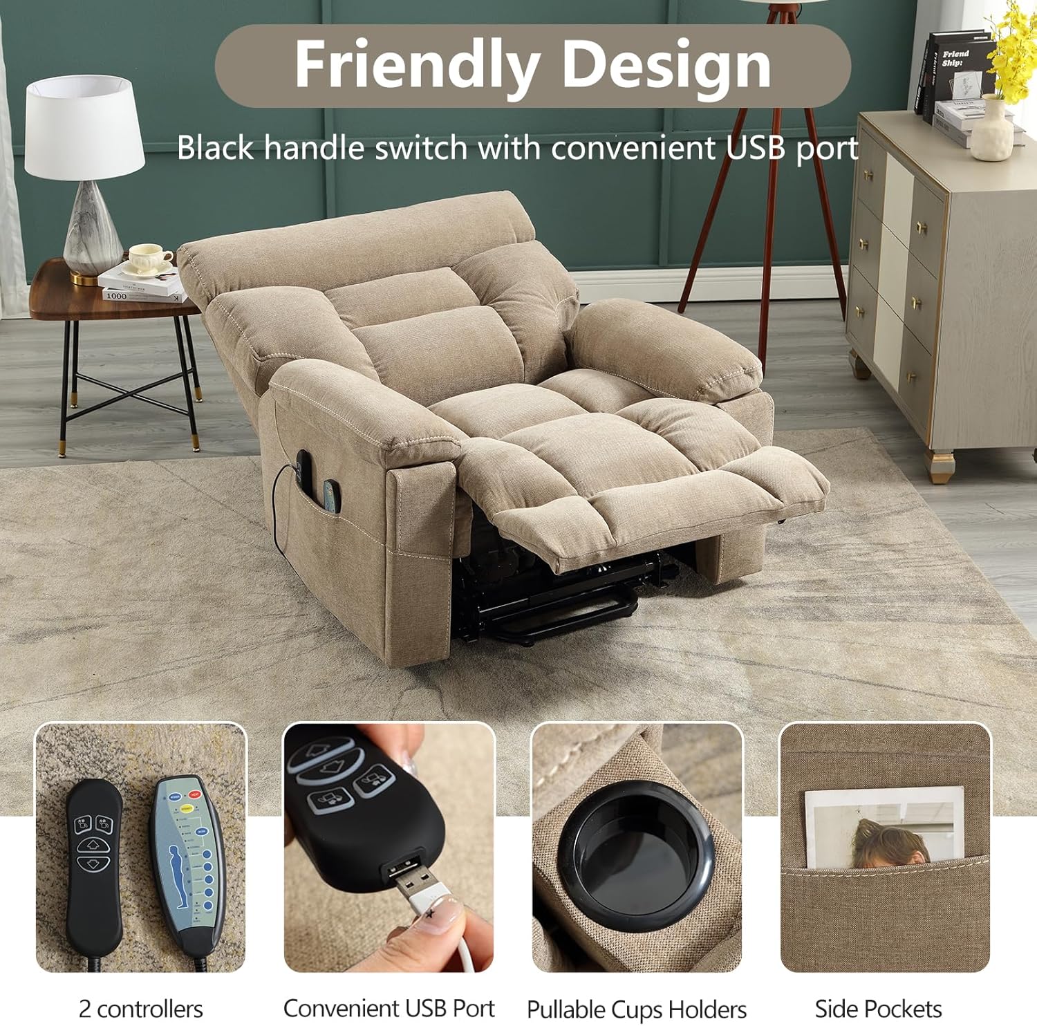 CANMOV Dual Motor Power Lift Recliner Chair for Elderly, 27" Extra-Wide Seat 450 lbs Weight Capacity Infinite Position Adjustment, with Heated Massage, Cup Holders and USB Port, Camel Fabric