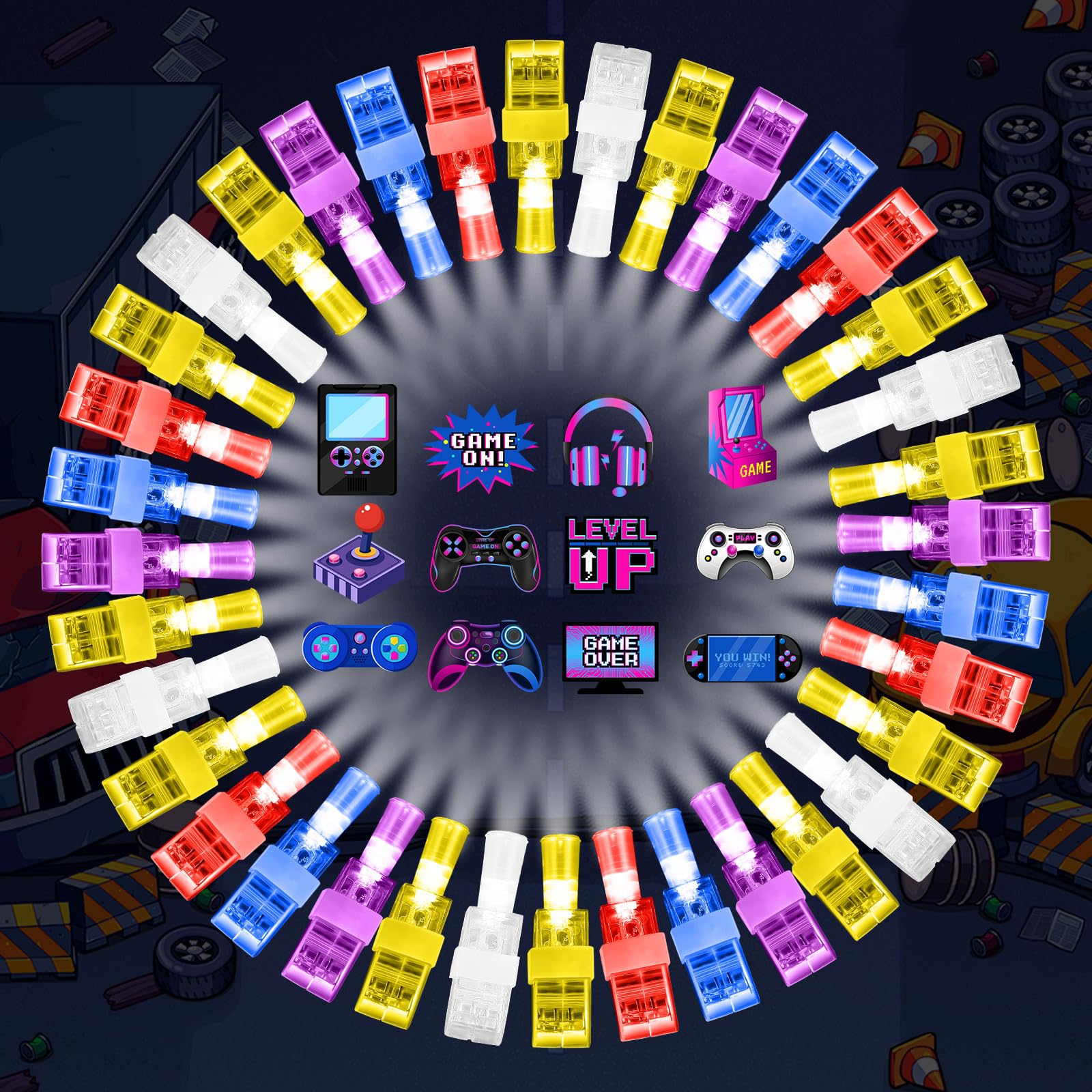 Capoda Paquete de 36 recuerdos de fiesta de juego, luces LED que brillan en la oscuridad, anillos con controlador y patrones, suministros temáticos de juegos iluminados, rellenos de bolsas de regalo a