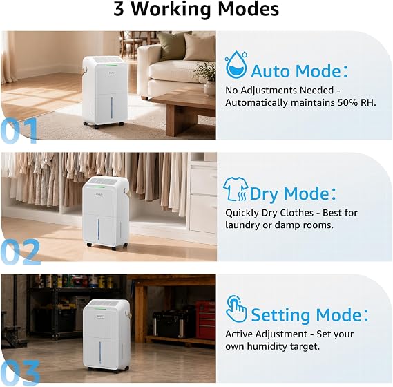 KNKA 2500 Ft2 Max 34 Pints Dehumidifier for Basement with Drain Hose, White