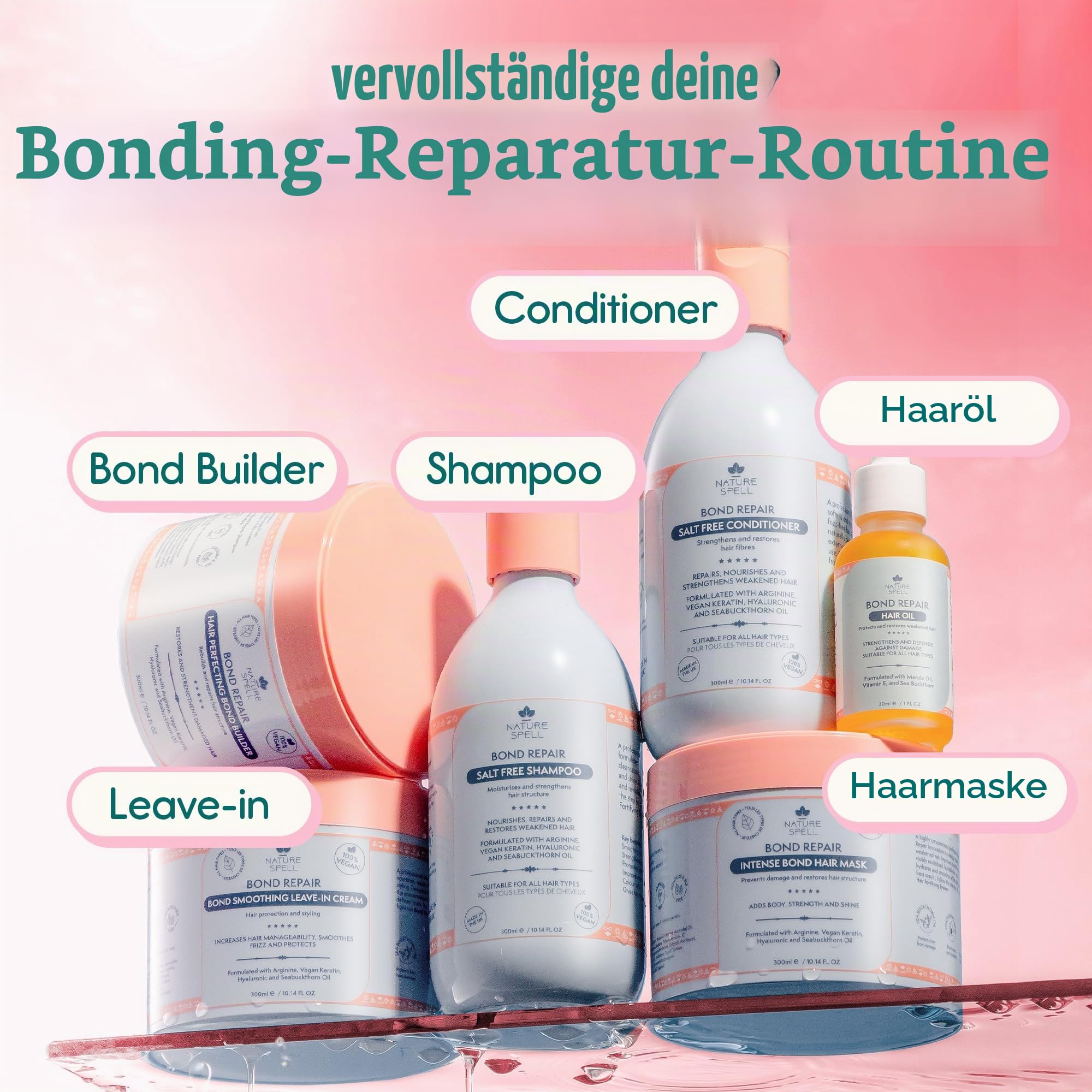 Nature Spell Bond Repair Shampoo- & Spülungsset, repariert geschädigte Haarstruktur und beugt Haarbruch vor, mit Hyaluronsäure, sulfatfrei, für alle Haartypen, vegan, 2er-Pack, je 300 ml