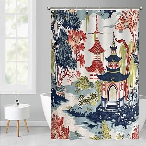 Miniatura 823 de Cortinas de ducha de baño con ganchos, 72 x 92 pulgadas, cortina de ducha de tela impermeable con diseño de flores y pájaros, cortina de ducha