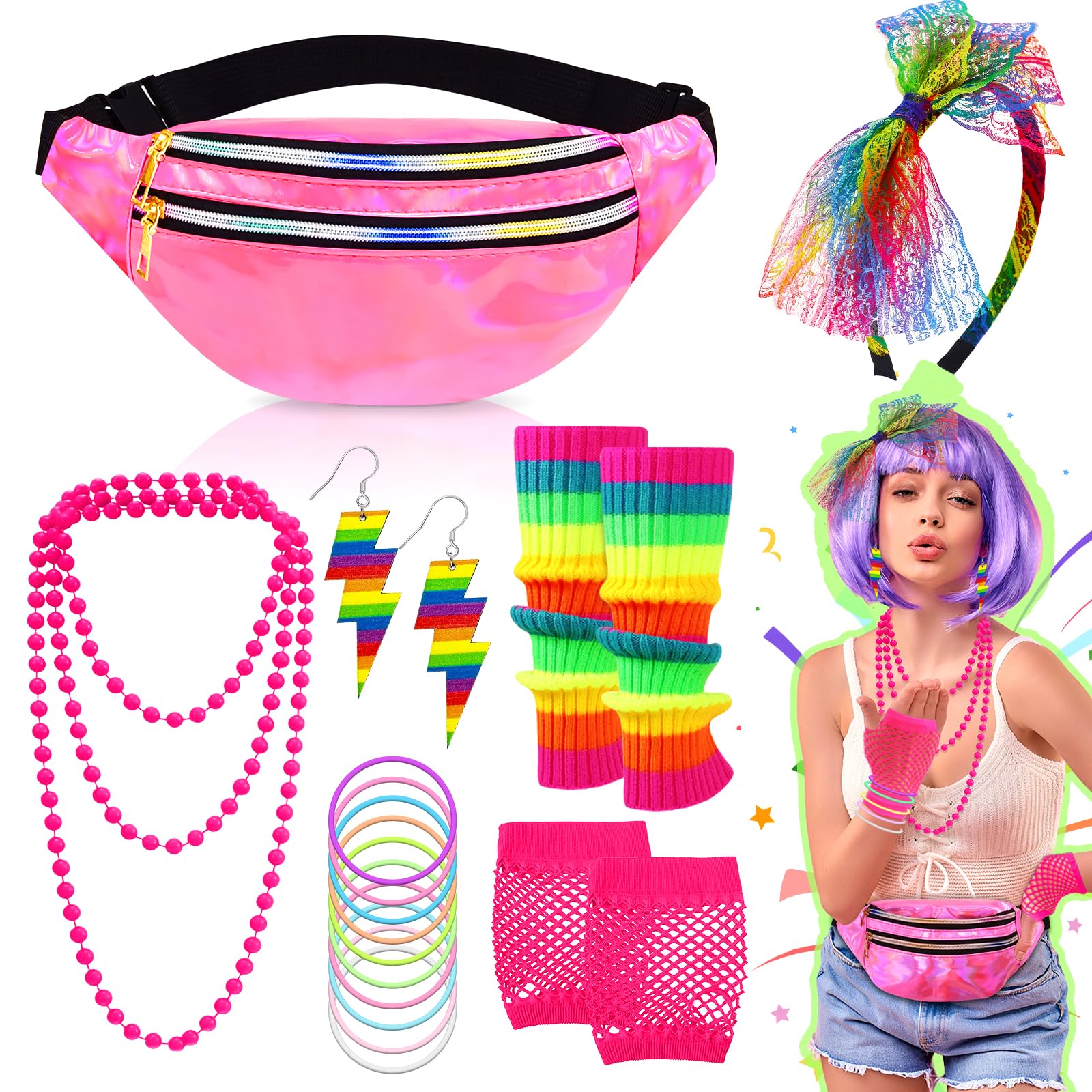 20Pcs 80s Costume Outfits Accessories,Pink 80s Fancy Dress for Women with Holographic Fanny Pack Leg Warmers Lace Headband Earrings Fishnet Gloves Necklaces Bracelets for Retro Parties Hen Do Parties