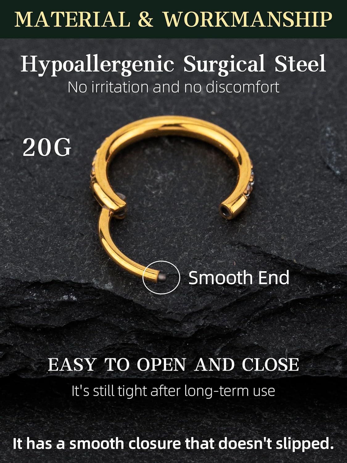 Hypoallergenic Gold Nose Rings Hoops - 20G 18G 16G Surgical Steel Cartilage Earrings Septum Jewelry Hinged Segment Ring CZ Paved Daith Rook Helix Tragus Body Piercing 6/7/8/9/10MM - Image 2