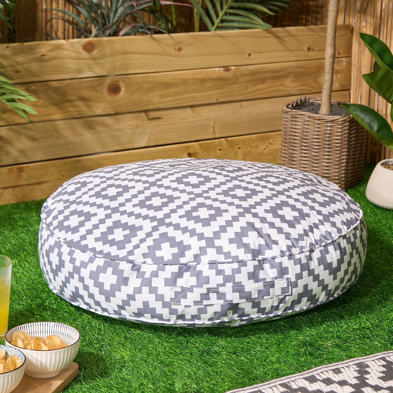 Ohs Grey - Geo Floor Cushion Grey Geometric Large Outdoor Cushions Filled, Soft Comfy Garden Cushions Waterproof Seat Pad For Living Room Patio Balcony Round Cushion Indoor Outdoor Seat Pads, 60Cm