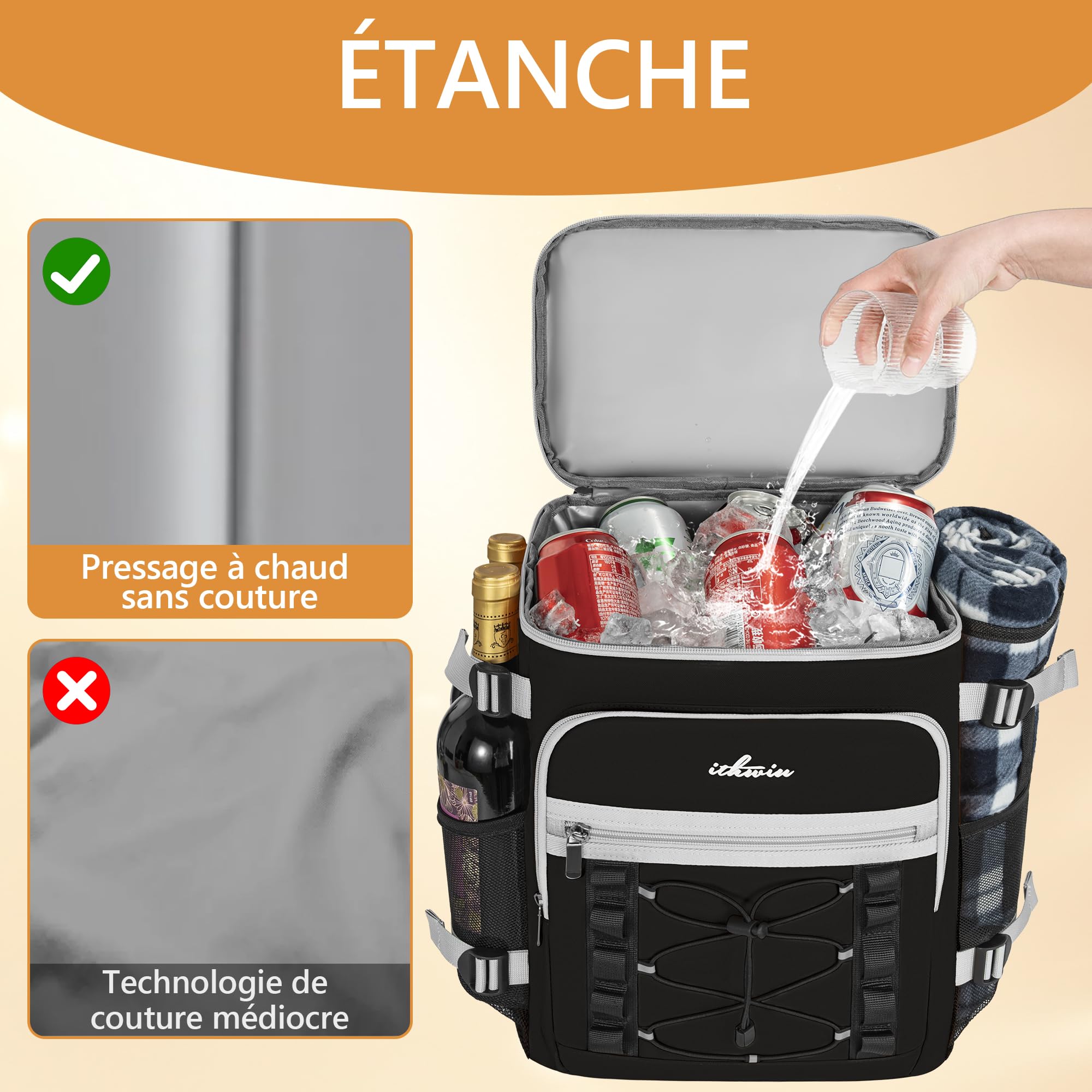Sac à Dos Isotherme à Double Compartiment – Grande Capacité 28L pour Glacière Souple(Principal 22L + Secondaire 6L), Sac de Pique-Nique à Glacière Portable, pour Les Pique-Niques et Le Camping