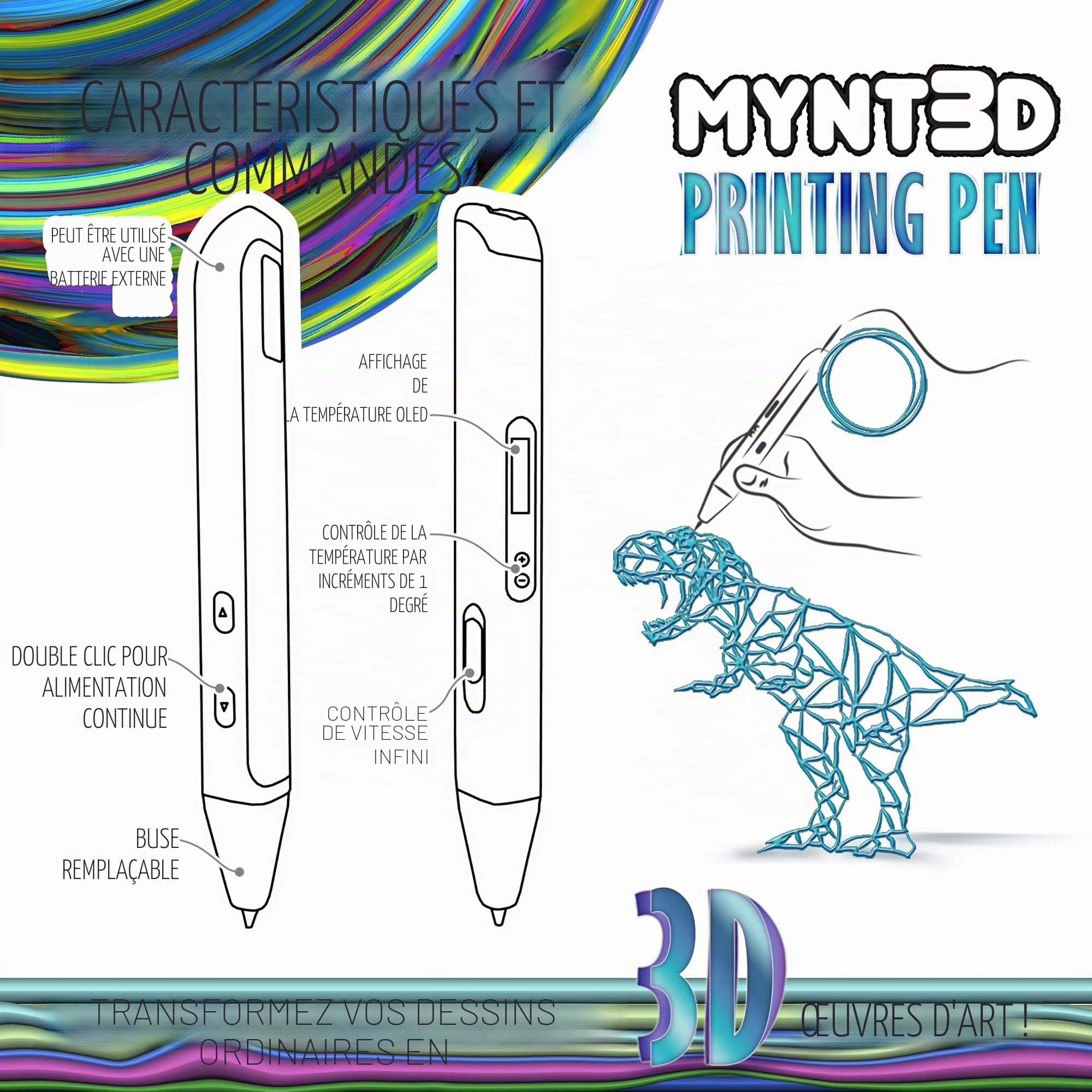 MYNT3D Stylo 3D d'impression Professionnelle avec écran OLED