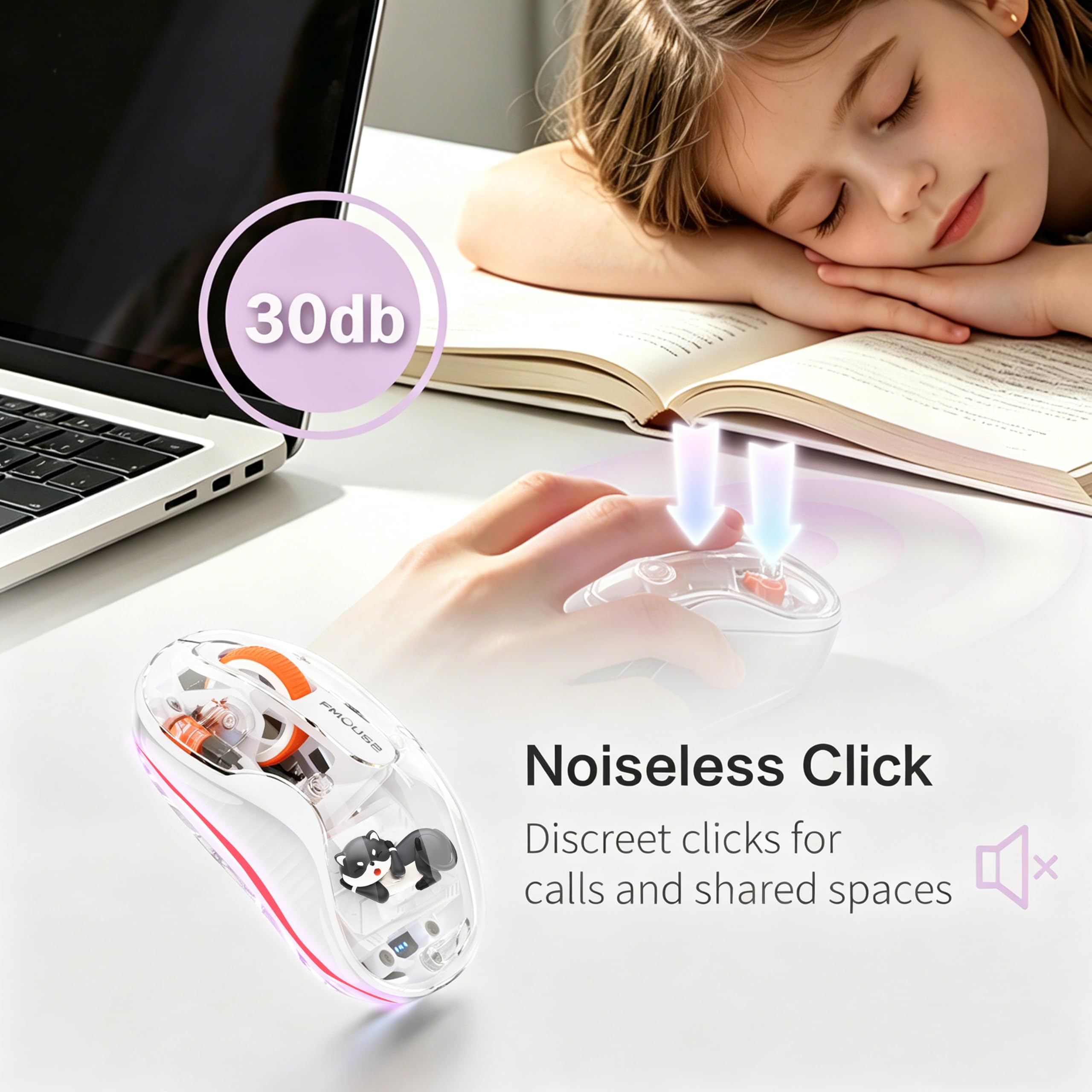 FMOUSE Simpatico mouse wireless Bluetooth ricaricabile, 2.4G e Dual BT Mouse silenzioso per computer con luce RGB, 4 DPI regolabili, design bianco trasparente con statuetta con lontra per laptop, PC