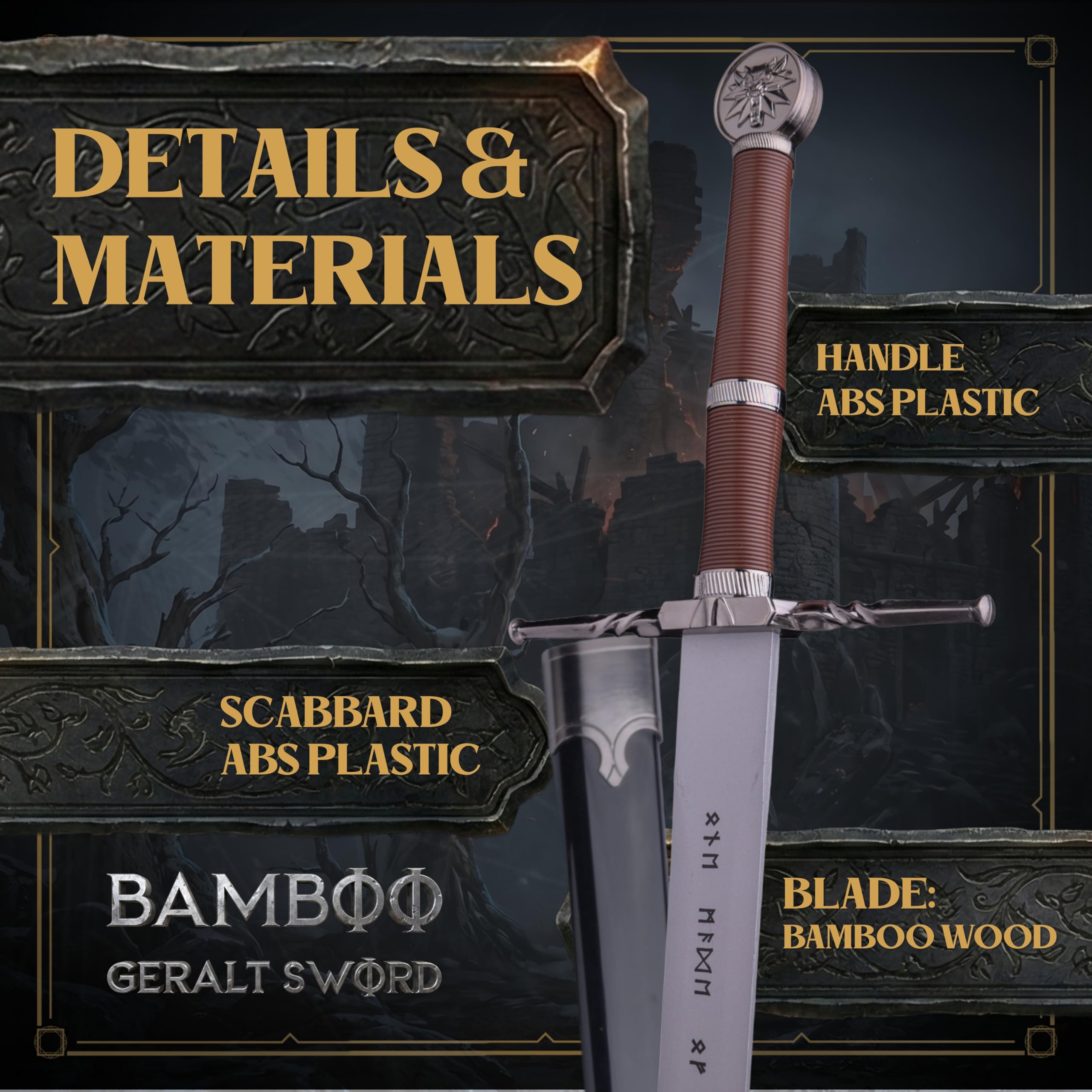 57 SPECIAL REPLICAS Espada medieval de bambú de 122 cm de longitud – Inspirada en The Wittcherr – Espadas para cosplay, LARP y fiesta de carnaval de disfraces – Decoración de pared sin bordes afilados