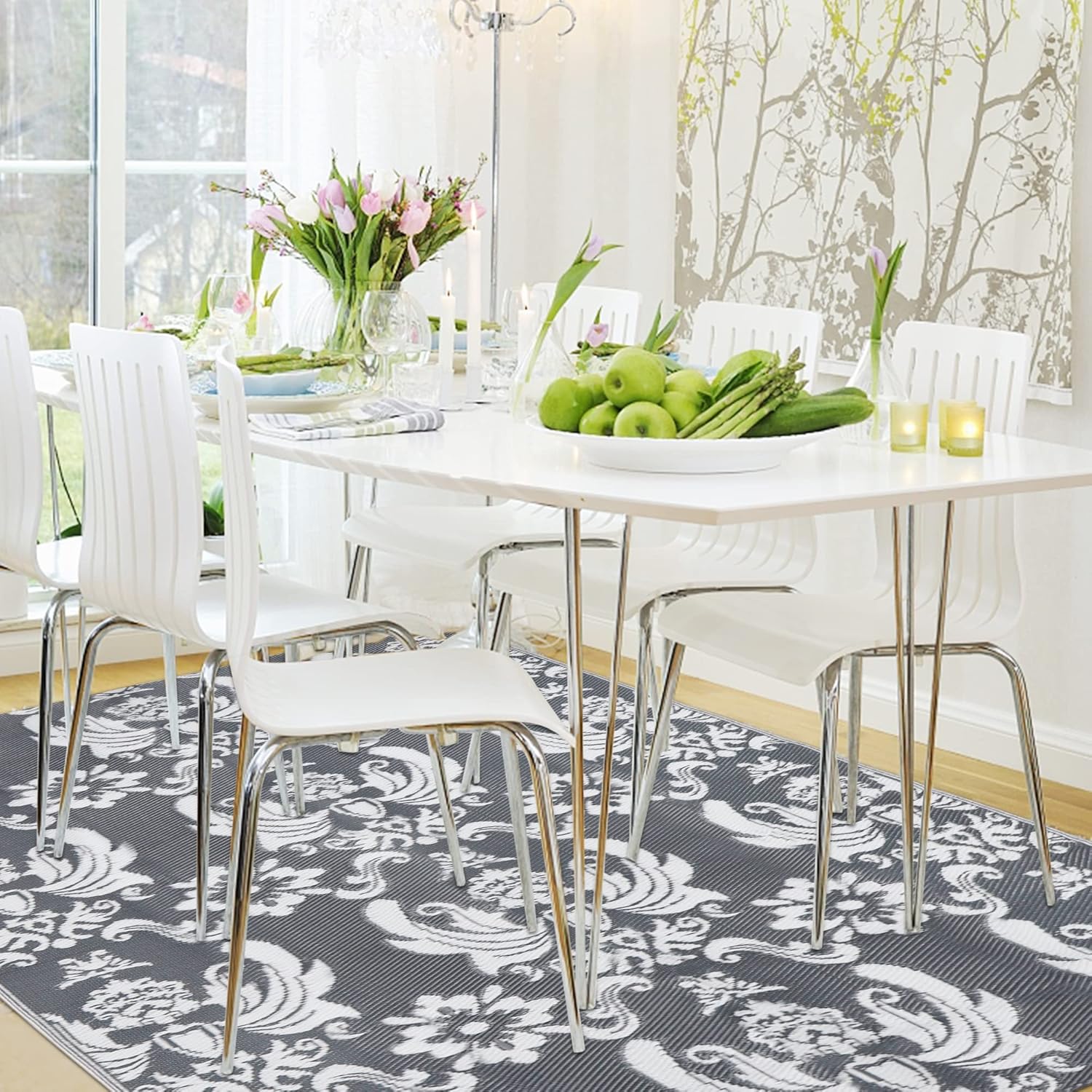 Reversible Mats, Plastic Modern Straw Area Rug, Large Floor Mat for Outdoors, RV, Patio, Backyard, Deck, Picnic, Beach, Camping (Baroque Grey & White, 5' x 8')
