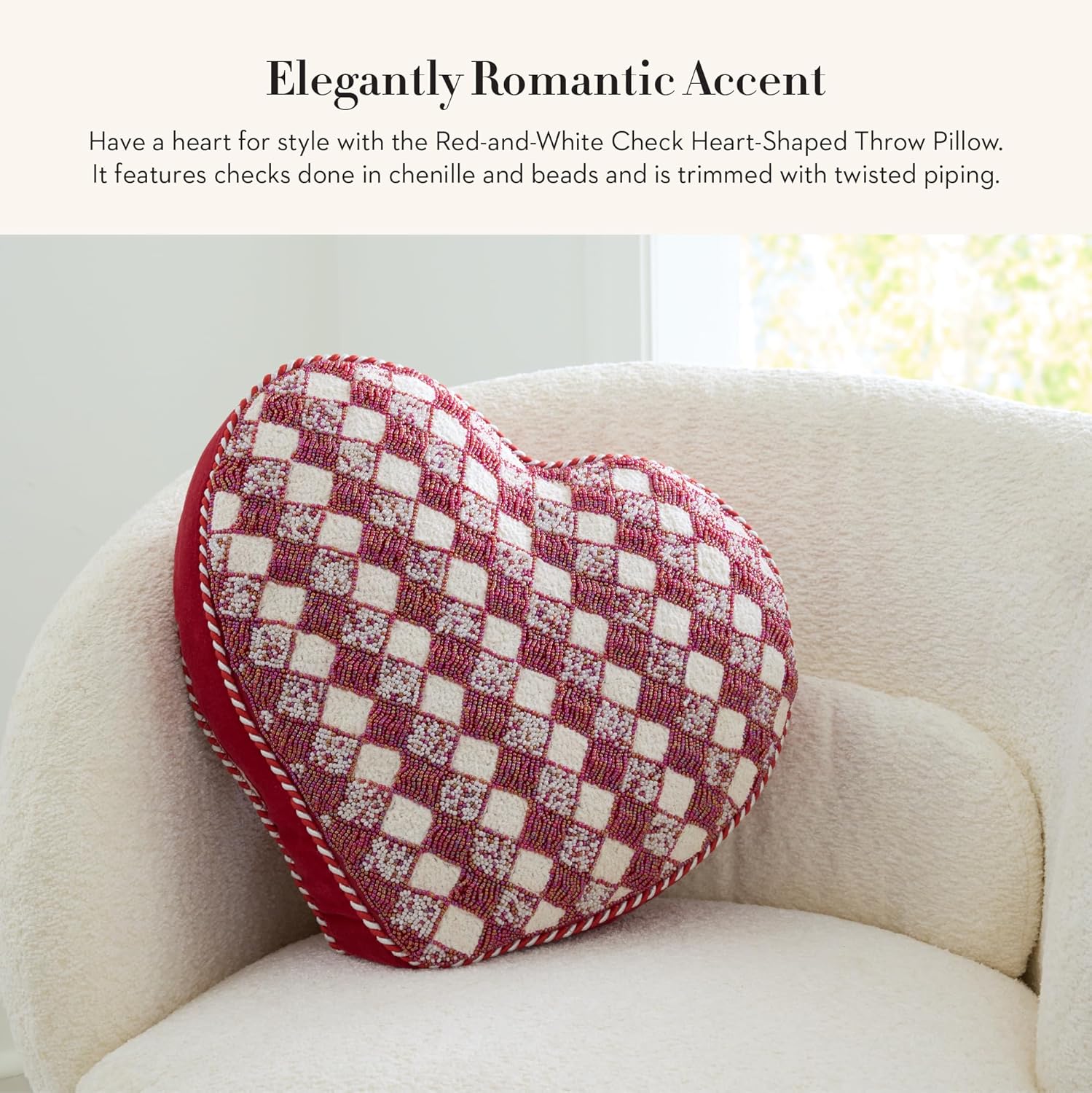 MACKENZIE-CHILDS Throw Pillow, Decorative Cotton Pillow for Living Room, 16x16, Red-and-White Check Heart