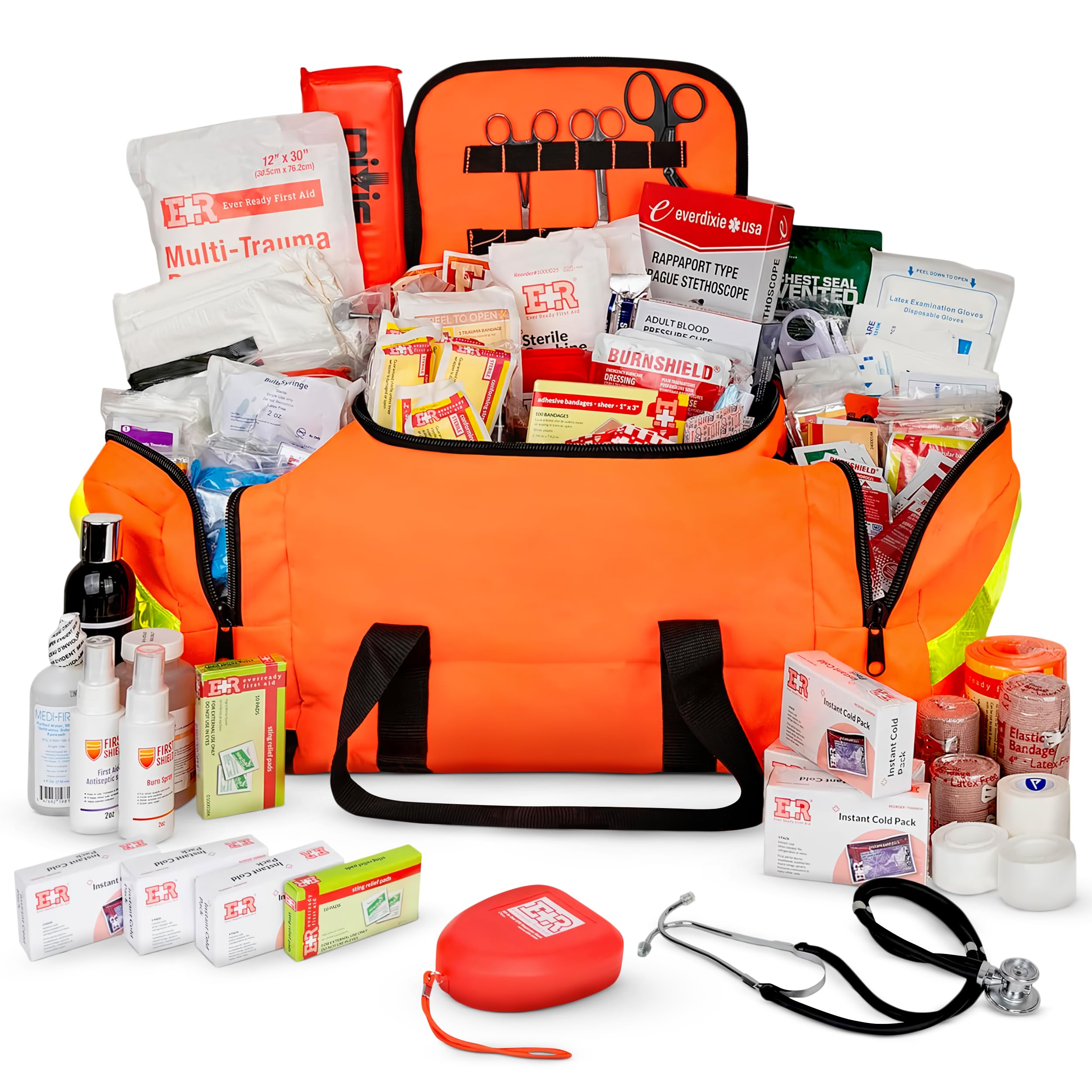 Large EMT Trauma Bag – Fully Stocked First Aid Kit with Tourniquet, Gauze, CPR Mask, Trauma Shears & Emergency Medical Supplies – Orange