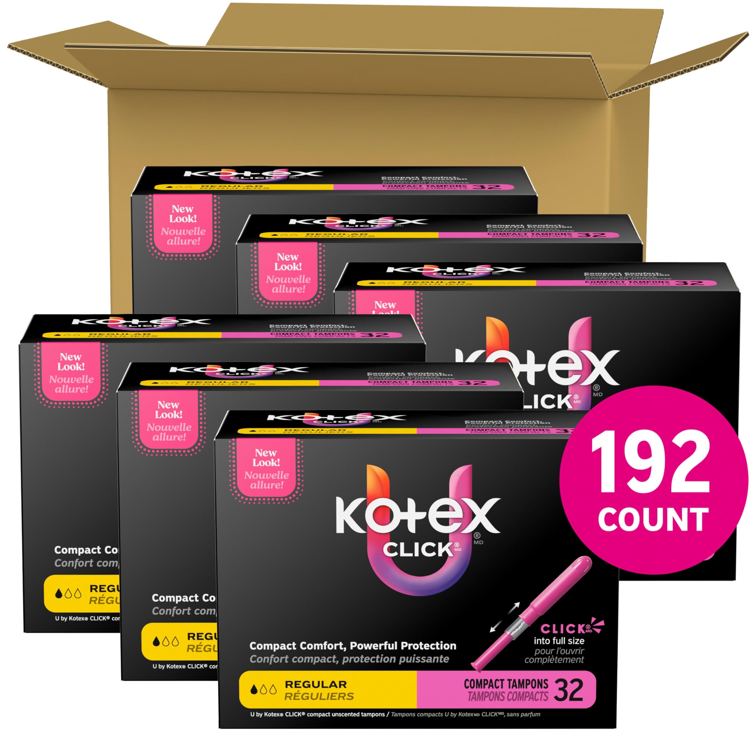 U by Kotex Klick-Tampons, kompakt, regulär, 192 Stück, 6 Packungen mit je 32 Stück