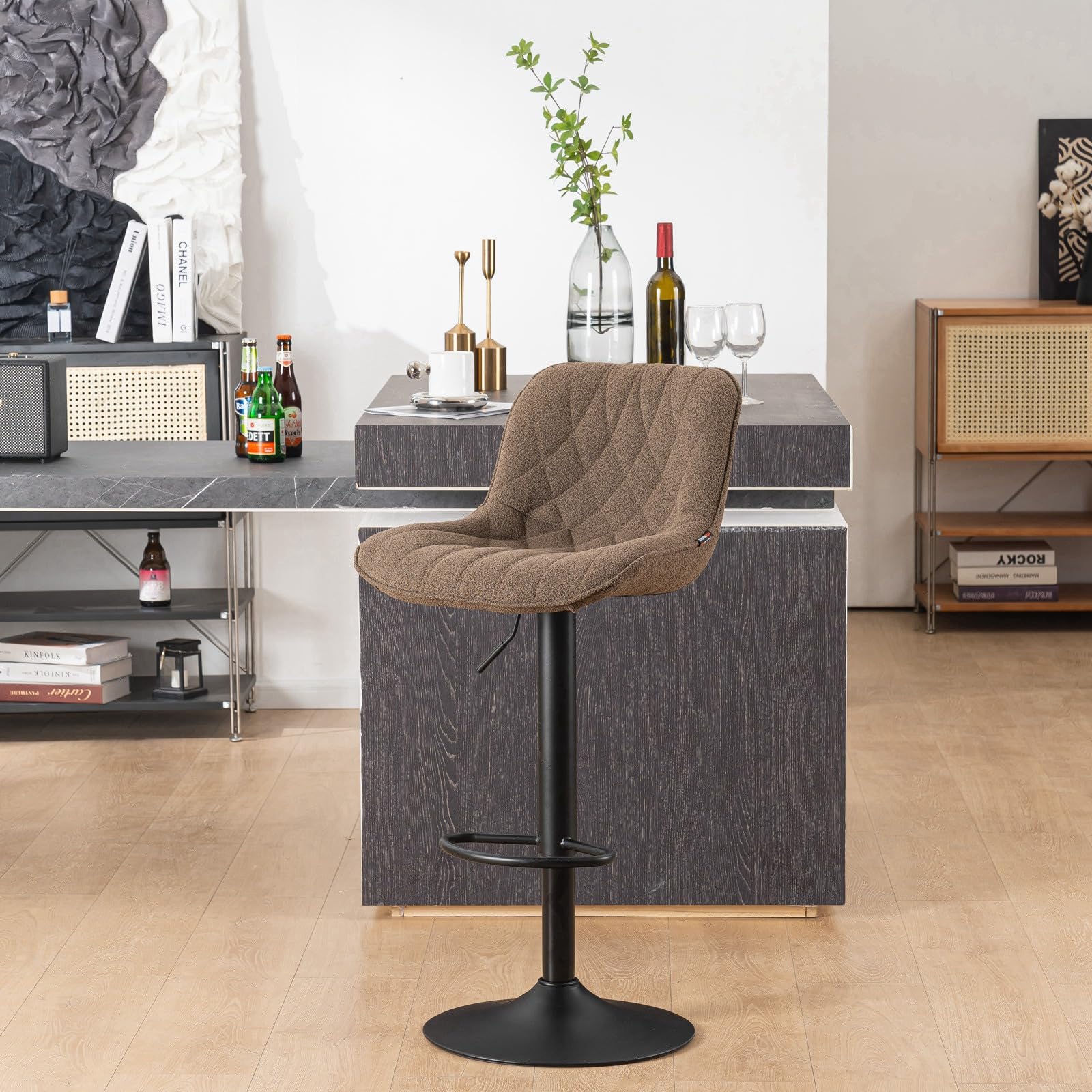 Kidol & Shellder Bar Stool Adjustable Barstool Swivel Counter Height Bar Stool Soft Thicked Teddy Velvet Bar Chair,Brown,3 Mins Quick Assembly,Lold up to 300 lbs