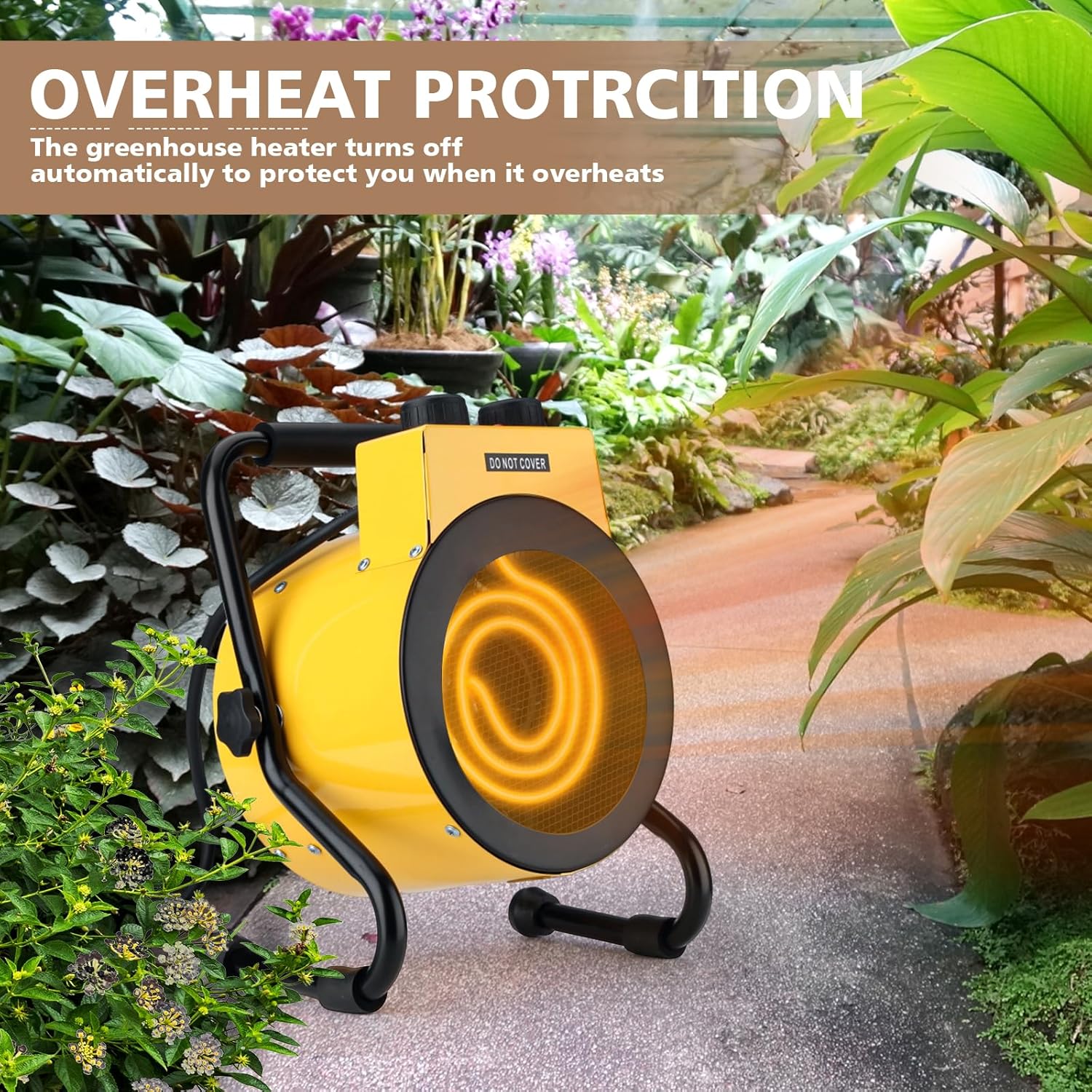 Greenhouse Heater with Digital Thermostat, 1500W Green House Heater for Plants，Electric Grow Tent Heaters, Fast Heating with Overheat Protection, Space Heater for Flower Room, Yellow