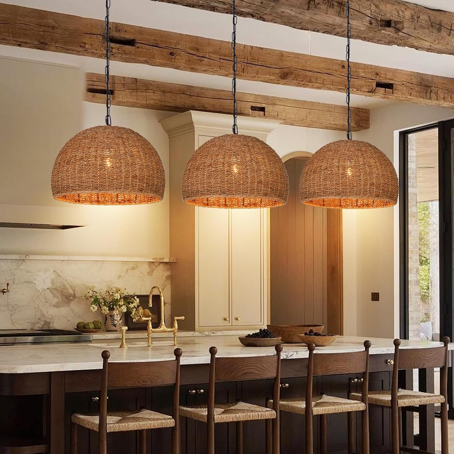 Rustic Rattan Pendant Light Kitchen, Farmhouse Seagrass Dining Chandelier, 15.74''W Wicker Hanging Lamp Ceiling Lighting Fixture with Chain for Bedroom Living Room