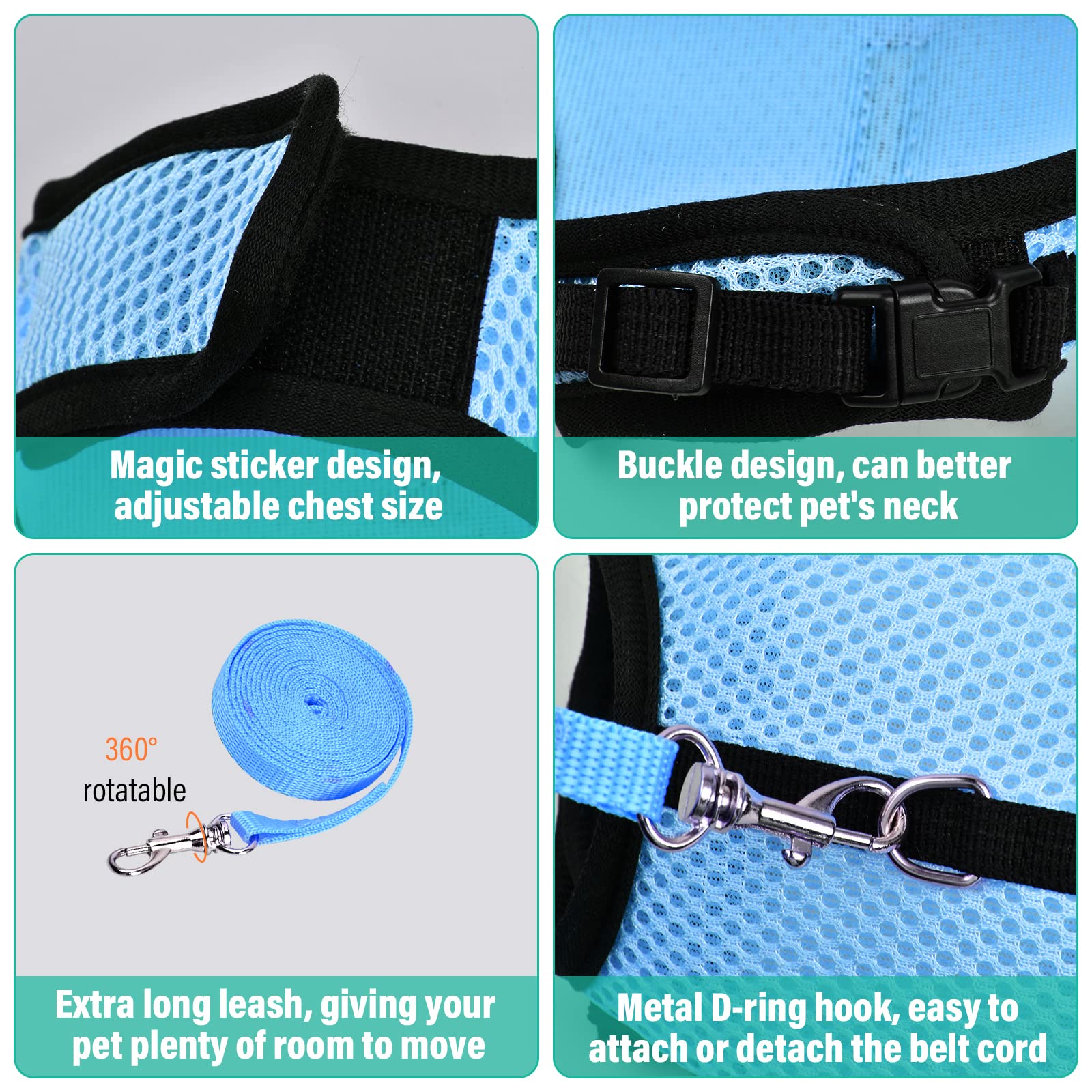 Harnais Lapin Réglable, Laisse Élastique Gilet Souple avec Corde de Traction pour Lapins et Cochons d'Inde (Bleu, S)