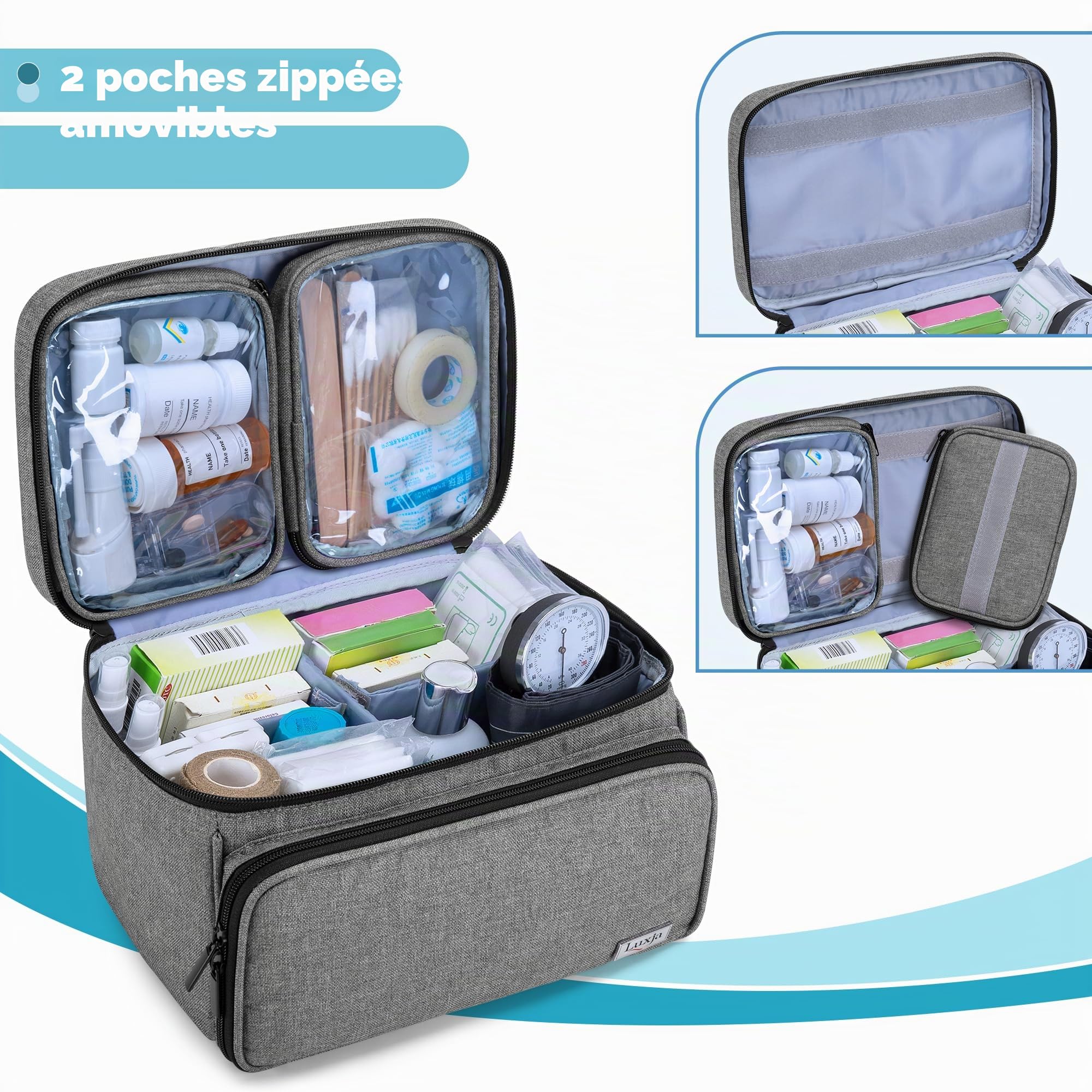 Luxja Sac de Médecine avec 2 Pochettes Transparentes Amovibles, Sac de rangement de Médicaments (Sac Seulement), Gris