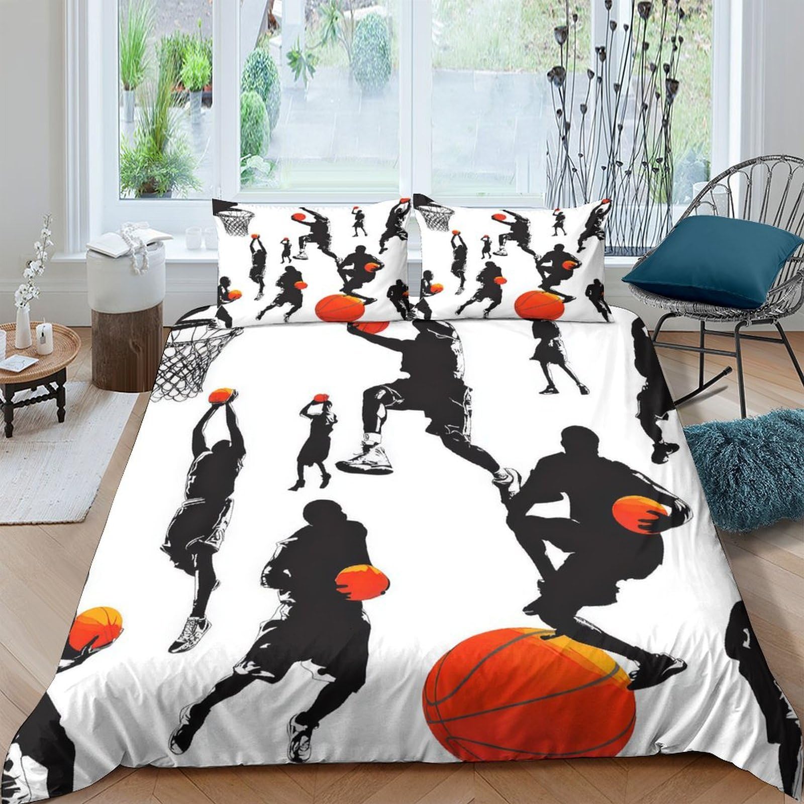 Ctjqhvkz Style-2 3D Printed Basketball Silhouette Fitted Sheet Microfiber Soft Orange Ball Bed Cover For Modern Bedroom Dorm Mattress Decor Single（135X200cm）