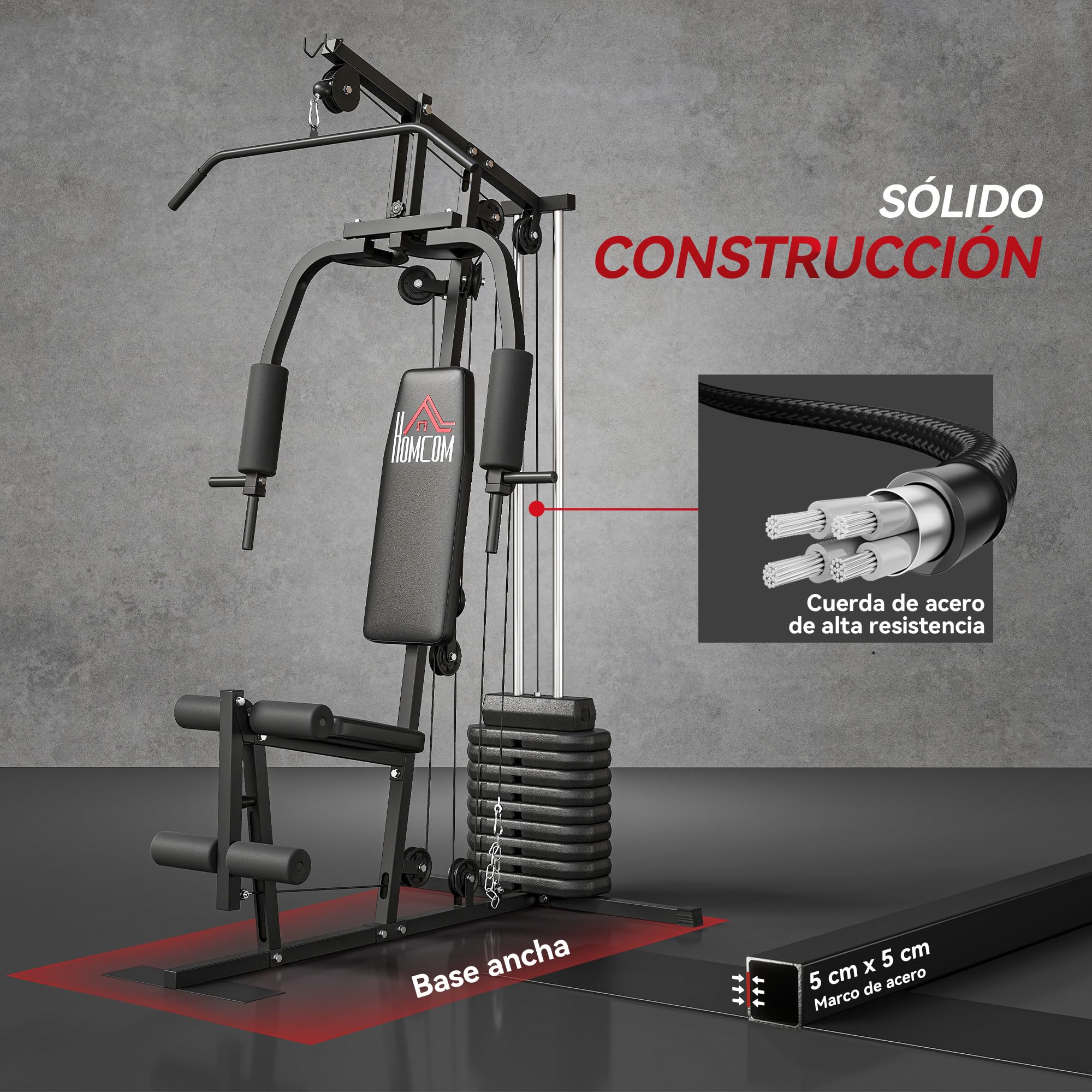 HOMCOM Multiestación Máquina de Musculación con Estribo para Piernas Placas de Peso de 45 kg Carga MAX. 110 kg para Entrenamiento Fitness en Hogar Gimnasio 135x103x200 cm Negro