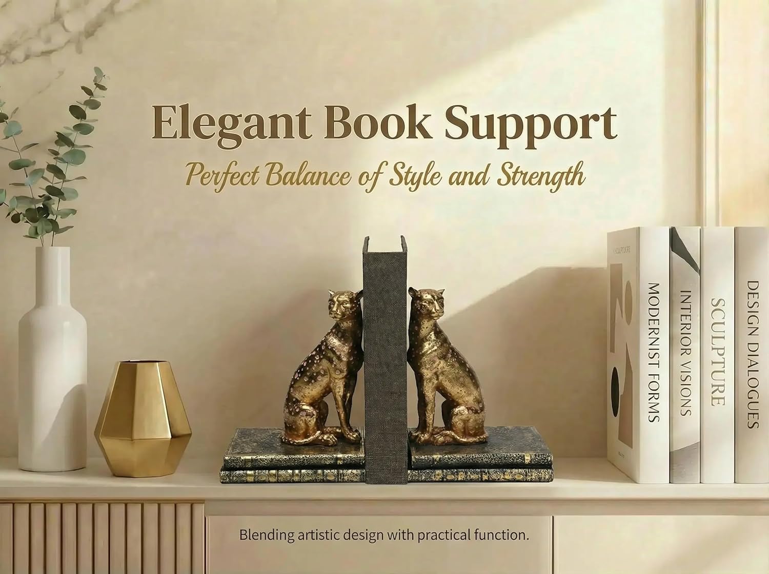 Comfy Hour 9.1" Gold Cheetah Egyptian Bastet Figurine Style Bookends, Antique Vintage Leopard Statue Home Decor, Heavy Duty Animal Book Stoppers Pair
