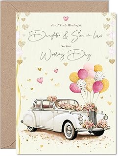 Daughter & Son in Law Wedding Card - Vintage Car - Happy Wedding Card from Dad Mom, A5 Marriage Congrats Well Done Greeting Cards